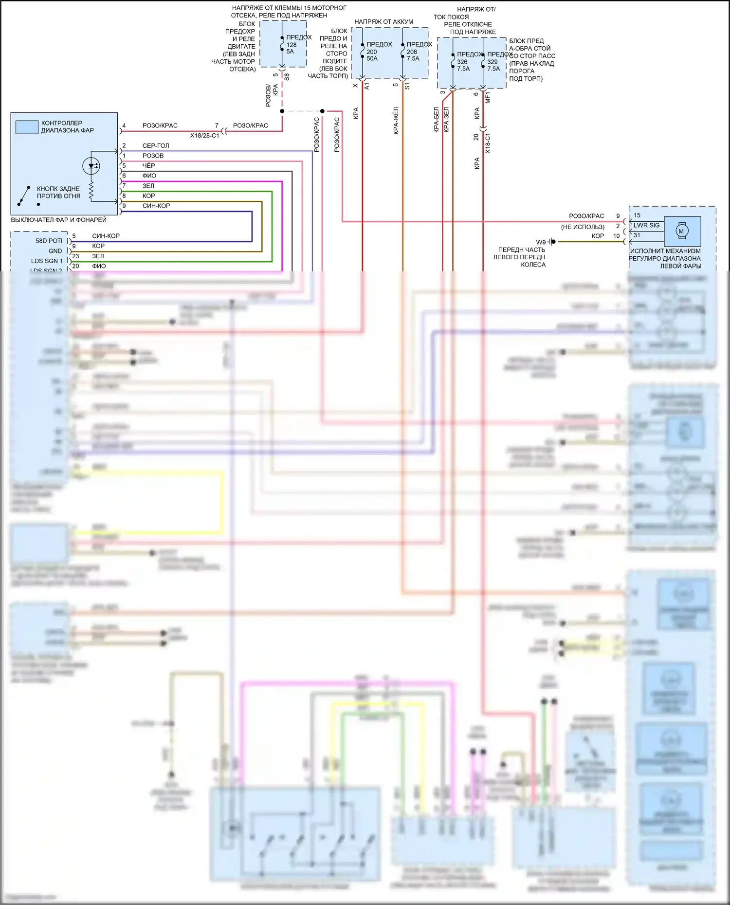 GLC-класс AMG Mercedes-Benz X253 (2016-2019): Электросхема фар, без светодиодных фар 