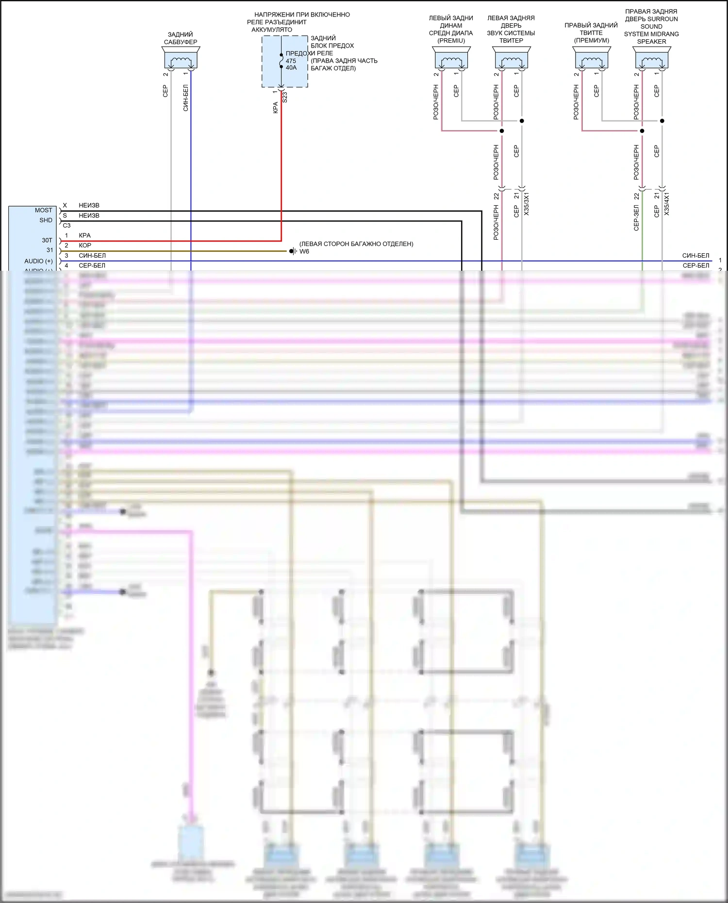 GLE-класс Coupe Mercedes-Benz C167 (2019-2023): Электросхема усилителя звука, без высококачественной звуковой системы и с высококачественной звуковой системой (1 из 2) 