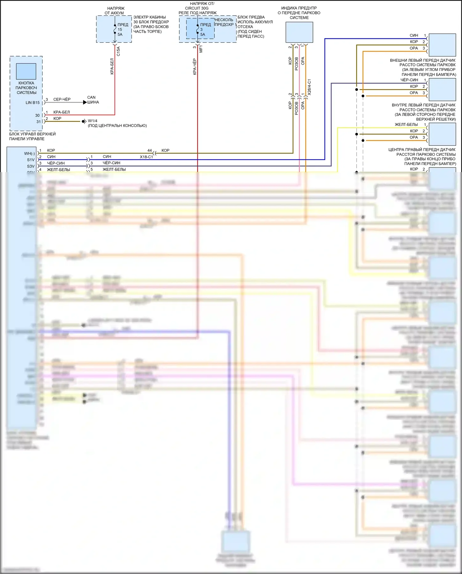 GLE-класс Mercedes-Benz W166 (2015-2018): Электросхема парктроника 