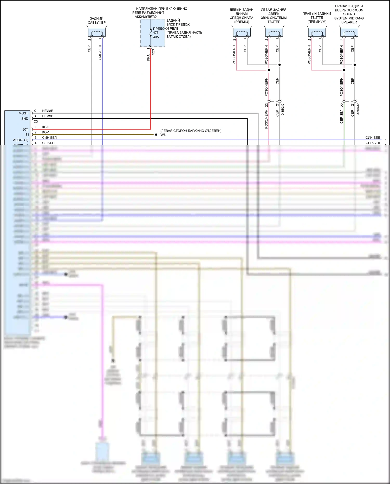 GLS-класс Mercedes-Benz X167 (2019-2023): Электросхема усилителя звука, без высококачественной звуковой системы и с высококачественной звуковой системой (1 из 2) 