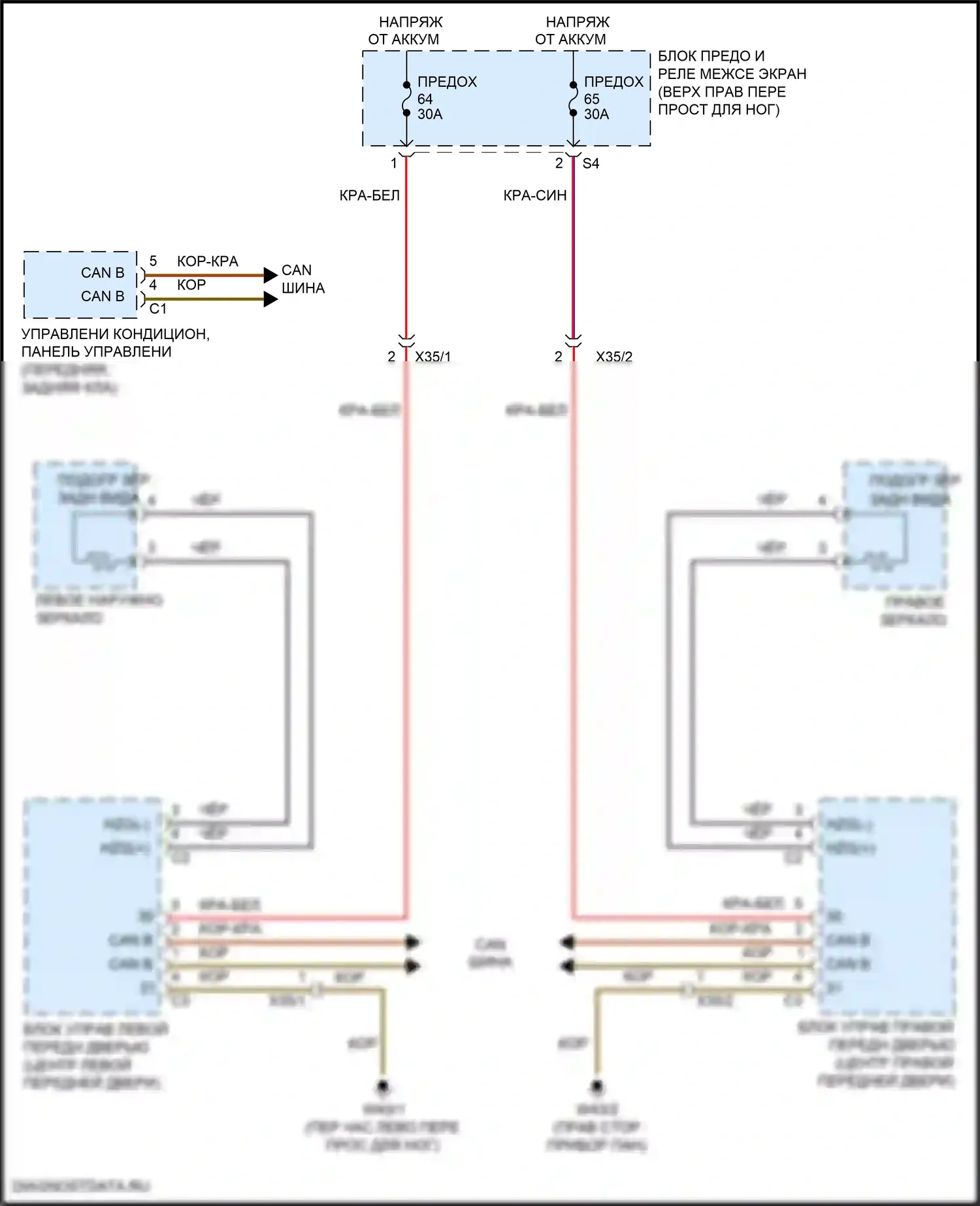 Metris Mercedes-Benz W447 (2015-2024): Электросхема обогреваемых зеркал 