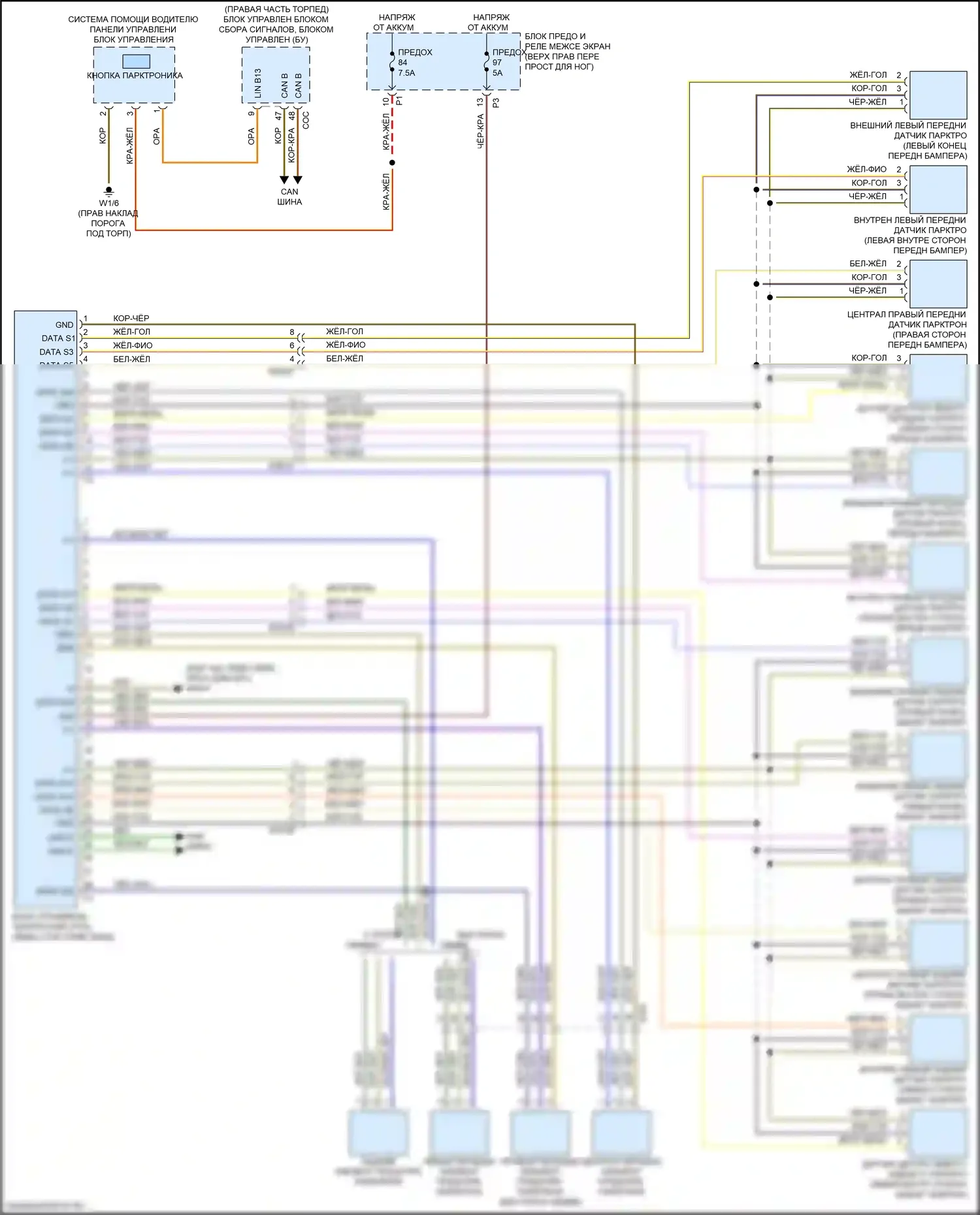 Metris Mercedes-Benz W447 (2015-2024): Электросхема парктроника 