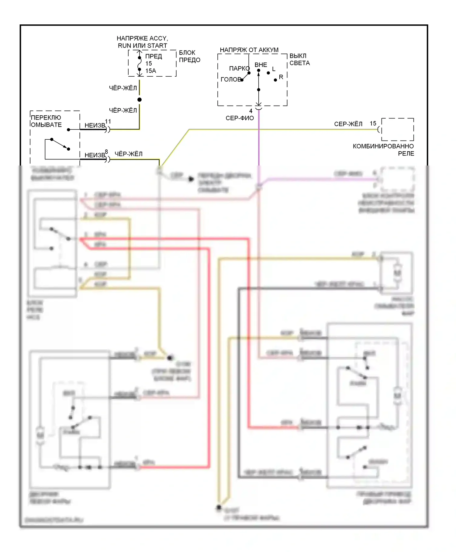 S-класс Mercedes-Benz W140 рестайлинг (1994-1999): Электросхема дворников и омывателей фары 