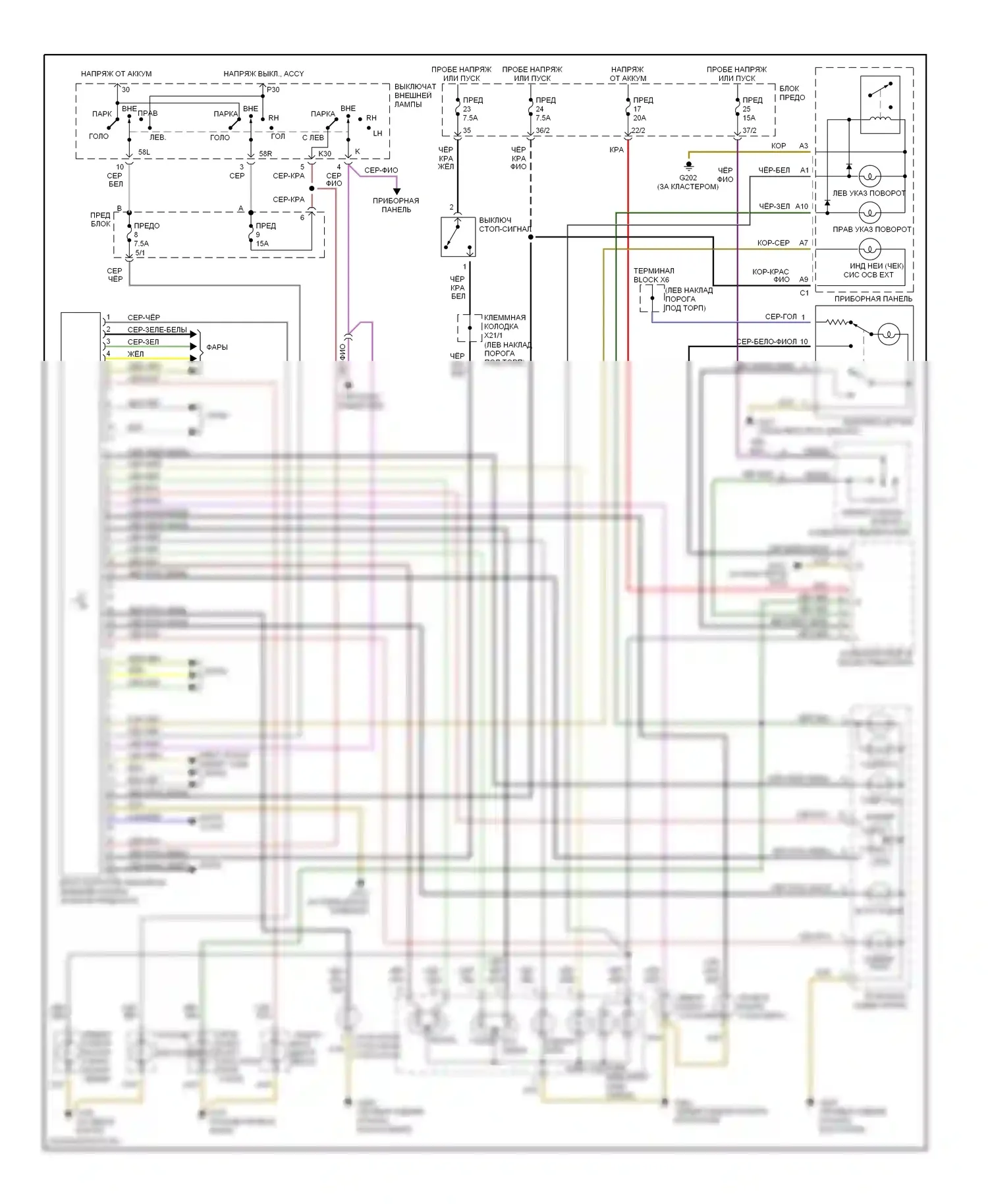 S-класс Mercedes-Benz W140 рестайлинг (1994-1999): Электросхема фар и фонарей, купе 