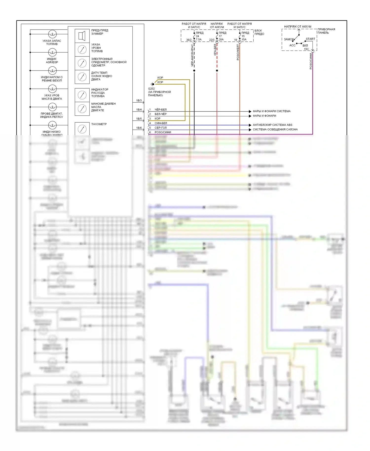 S-класс Mercedes-Benz W140 рестайлинг (1994-1999): Электросхема приборной панели 