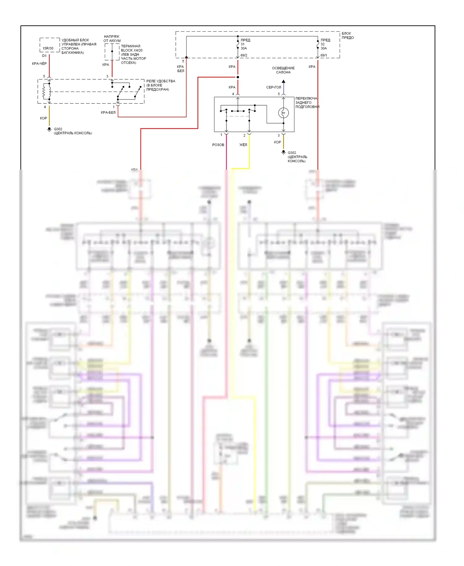 S-класс Mercedes-Benz W140 рестайлинг (1994-1999): Электросхема заднего сиденья с электроприводом, с сиденьем на четыре места 