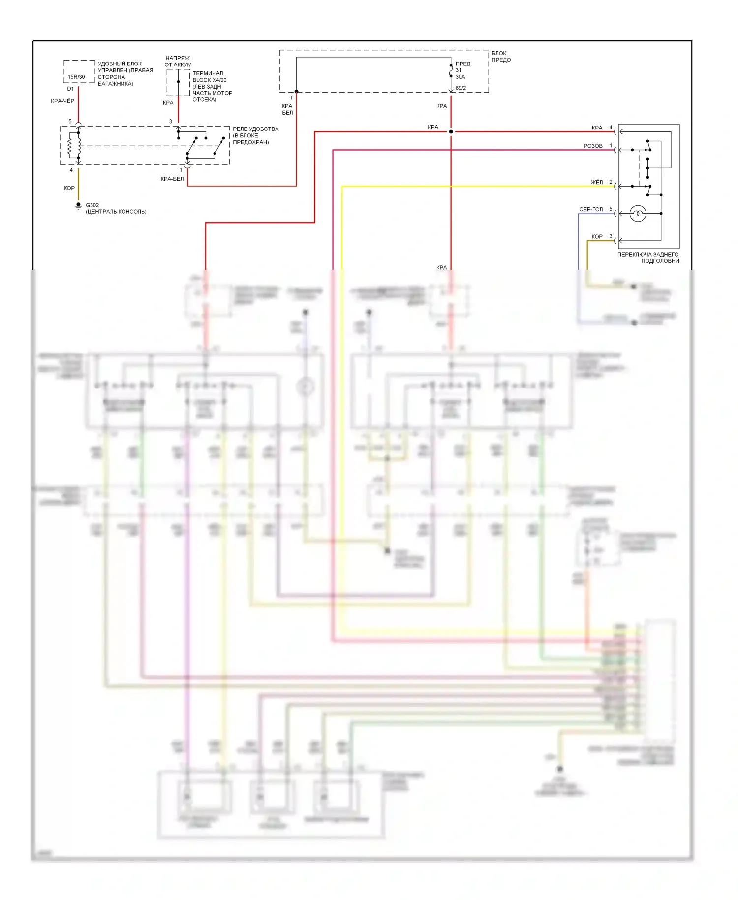 S-класс Mercedes-Benz W140 рестайлинг (1994-1999): Электросхема заднего сиденья с электроприводом, с задним сиденьем 