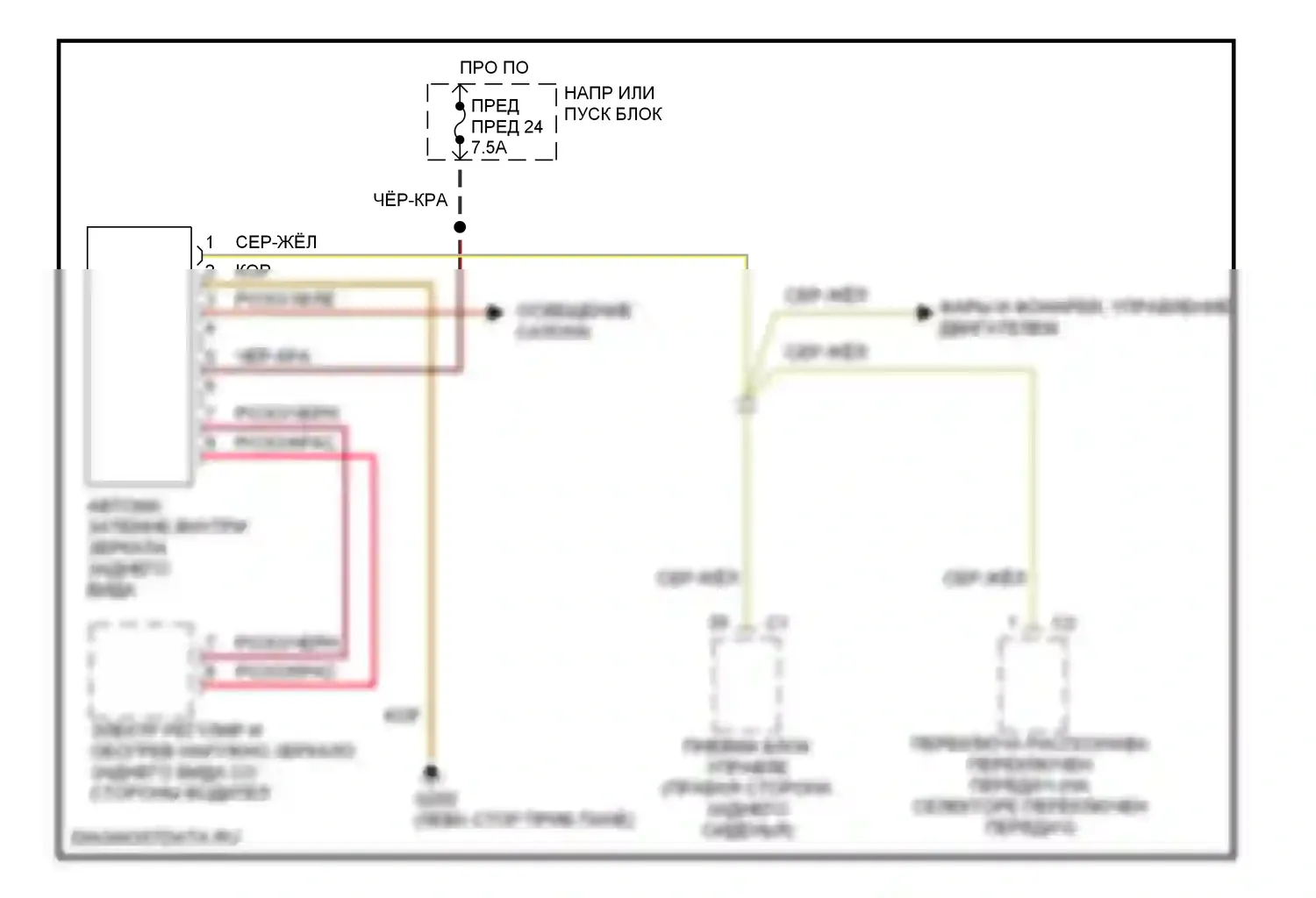 S-класс Mercedes-Benz W140 рестайлинг (1994-1999): Электросхема автоматического дневного/ночного зеркала 