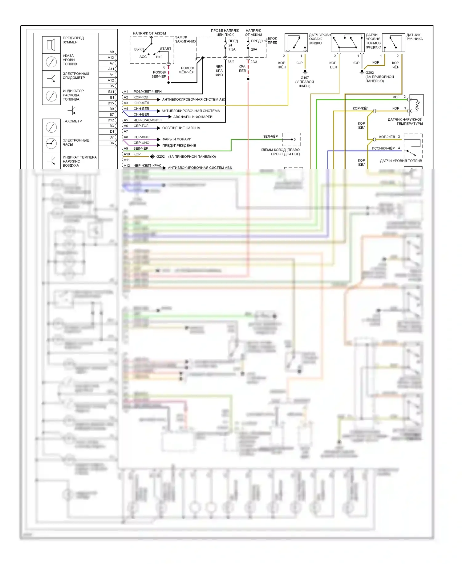 S-класс Mercedes-Benz W140 (1991-1998): Электросхема приборной панели 