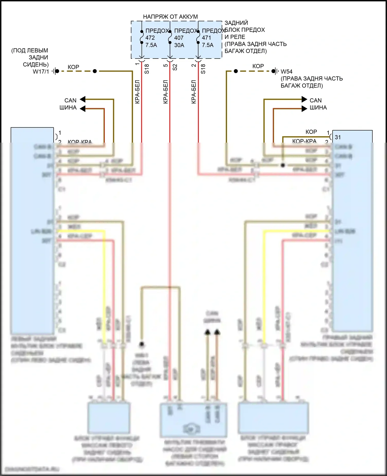 S-класс Mercedes-Benz W222/C217/A217 рестайлинг (2017-2020): Электросхема заднего мультиконтурного сиденья 