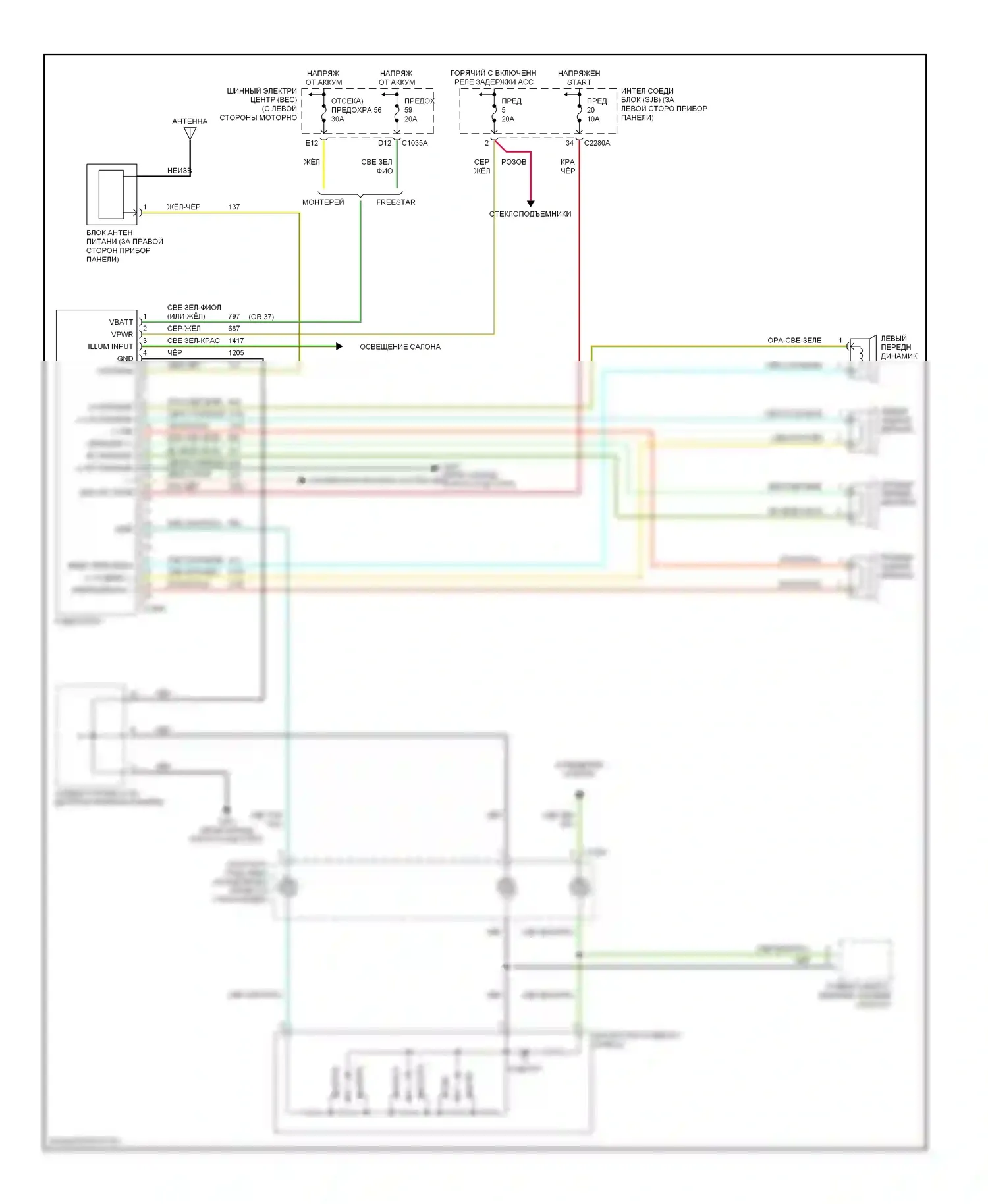 Monterey Mercury VIII (2003-2007): Электросхема магнитолы, без задних органов управления 