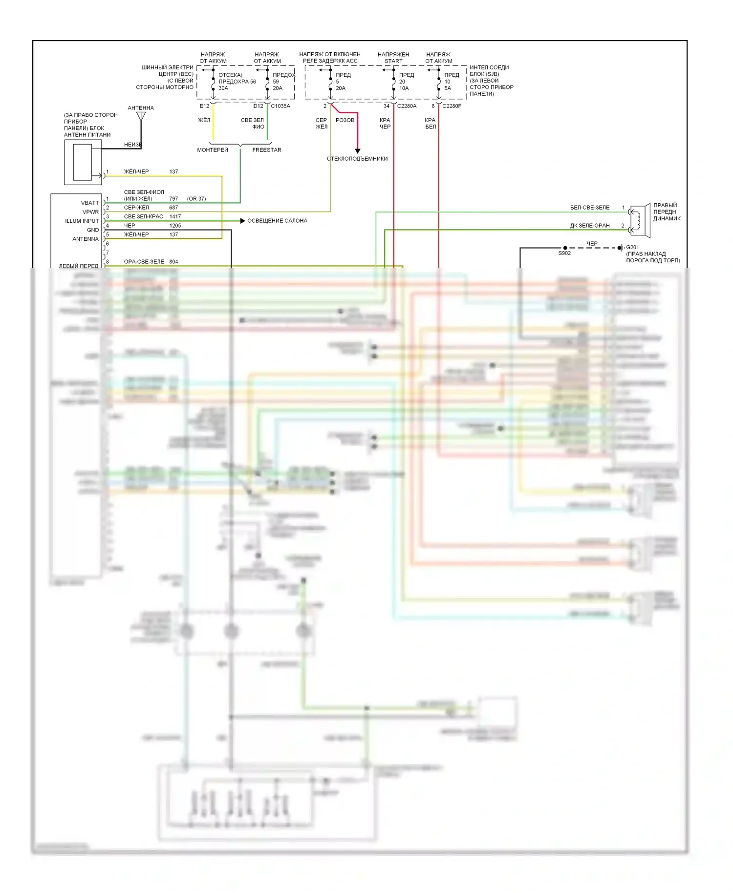 Monterey Mercury VIII (2003-2007): Электросхема магнитолы, с задними органами управления 