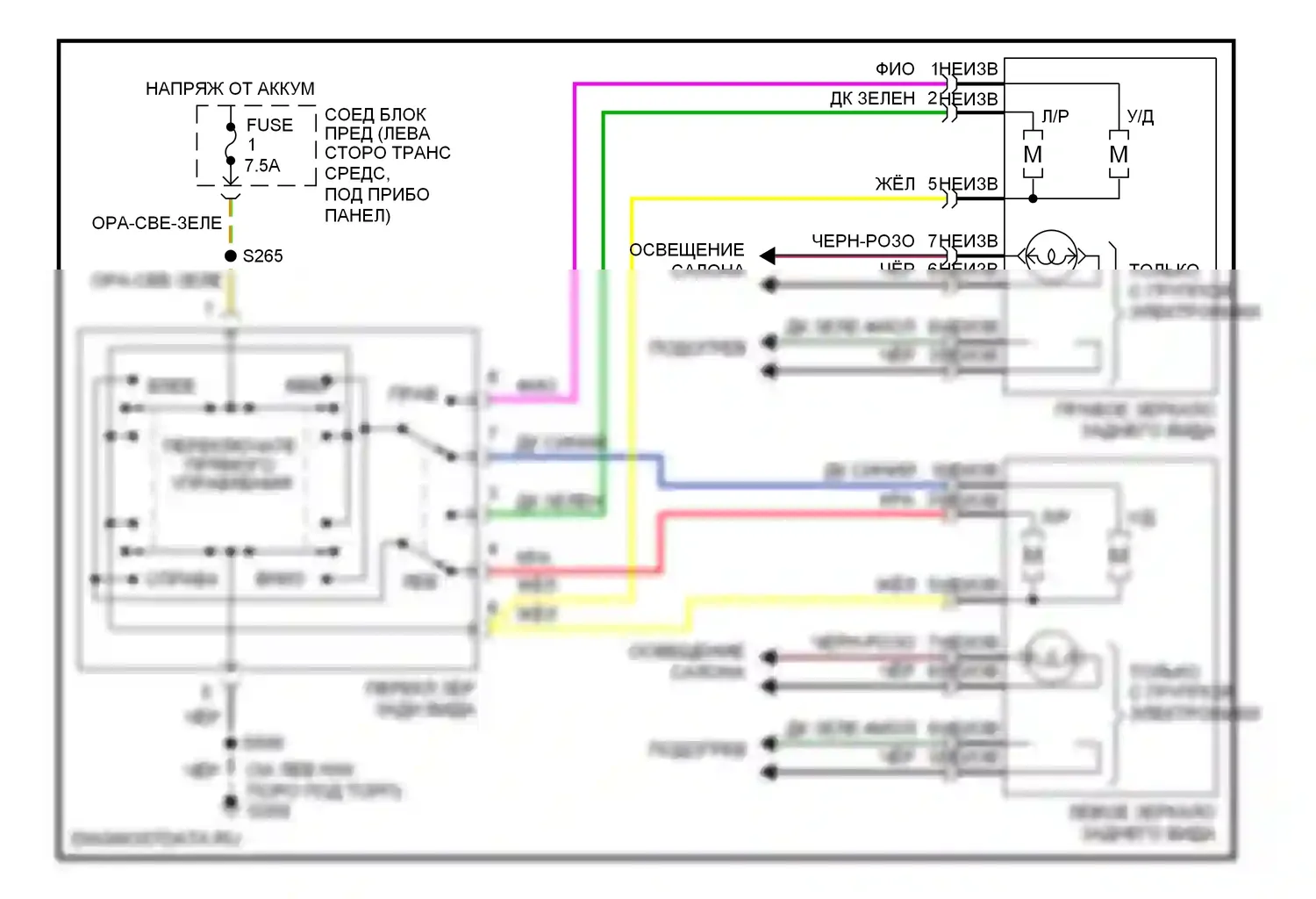 Mountaineer Mercury I рестайлинг (1997-2001): Электросхема управления зеркалами заднего вида 
