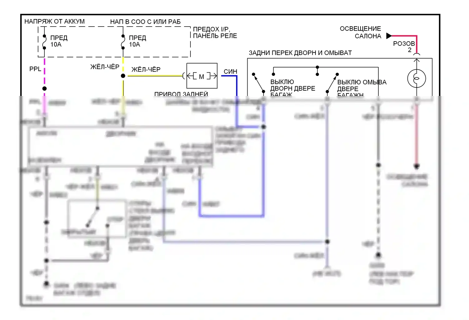 Villager Mercury I (1992-1998): Электросхема задних дворников и омывателей с подвижным стеклом двери багажника 