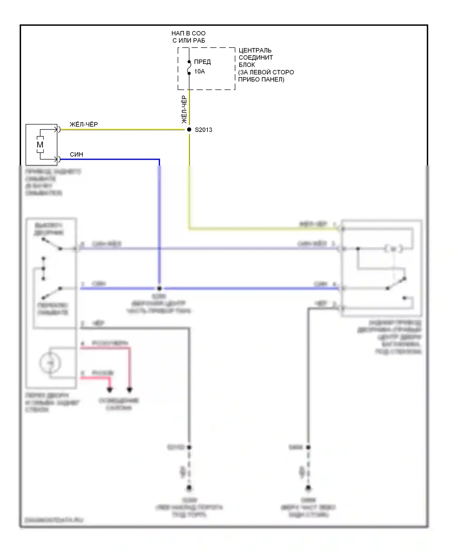 Villager Mercury II (1998-2002): Электросхема задней шайбы/стеклоочистителя, без подвижного стекла двери багажника 