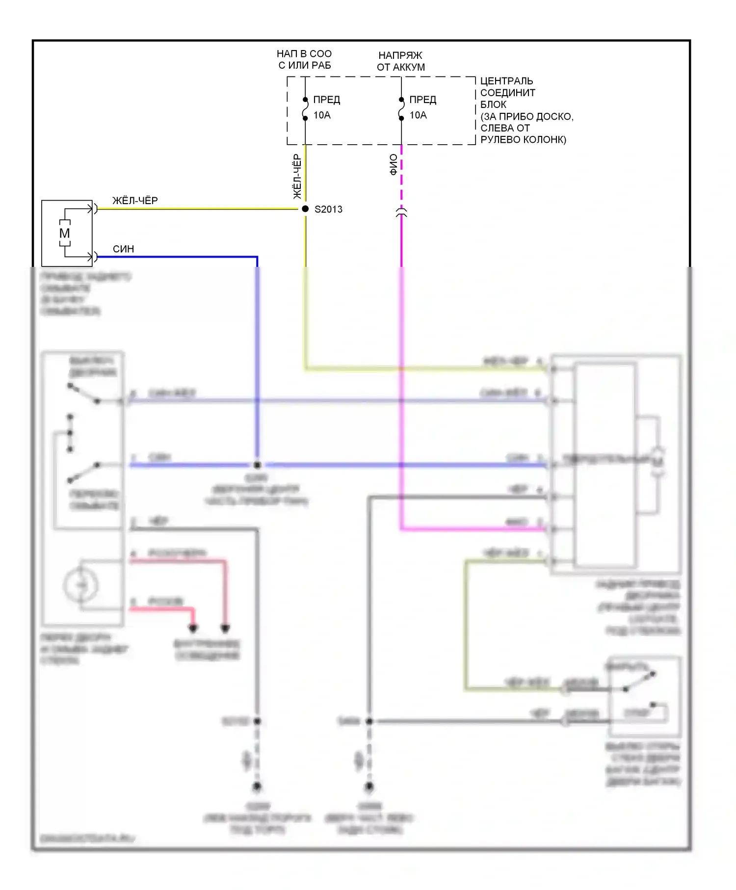 Villager Mercury II (1998-2002): Электросхема задней шайбы/стеклоочистителя, с подвижным стеклом двери багажника 