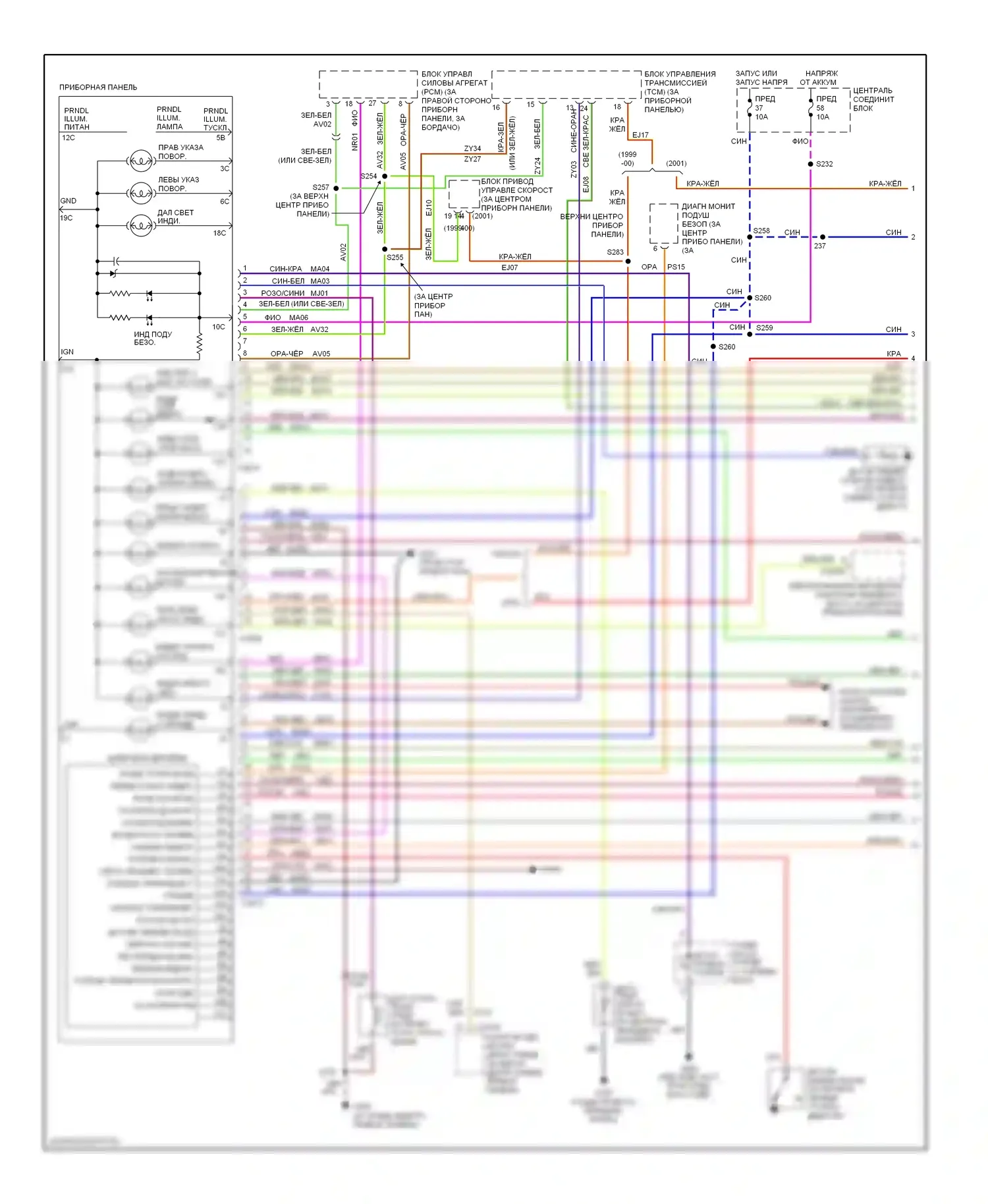 Villager Mercury II (1998-2002): Электросхема приборной панели, электронная панель (1 из 2) 