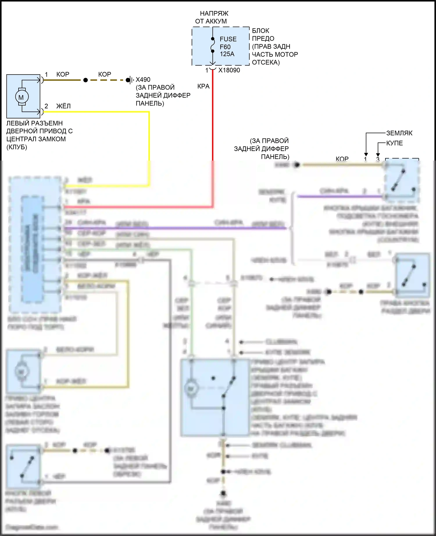 Cooper Clubman MINI I рестайлинг (2010-2014): Электросхема открытия багажника и лючка топливного бака, кроме кабриолета 