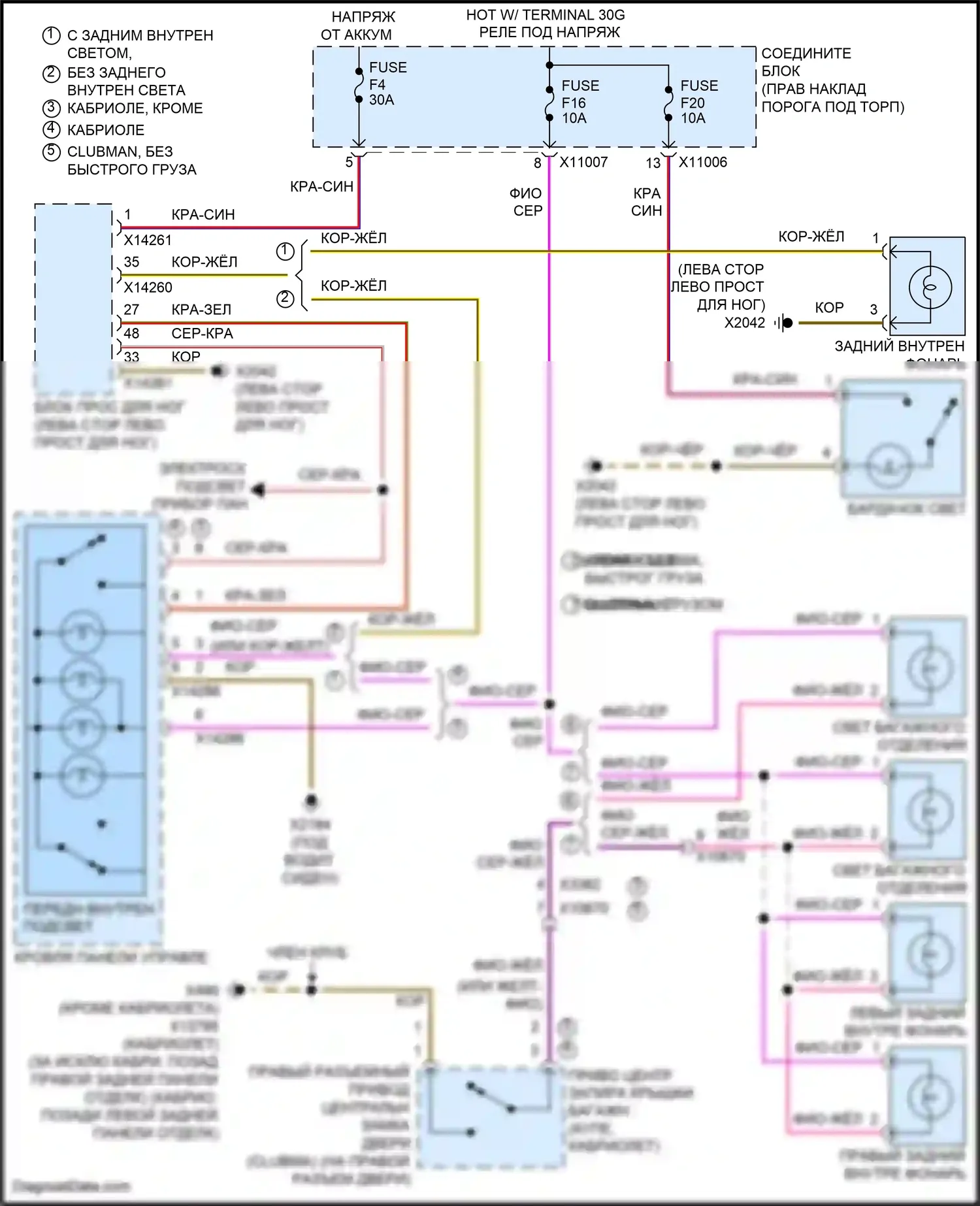 Cooper Clubman MINI I рестайлинг (2010-2014): Электросхема освещения салона, без пакета внутренних фонарей 