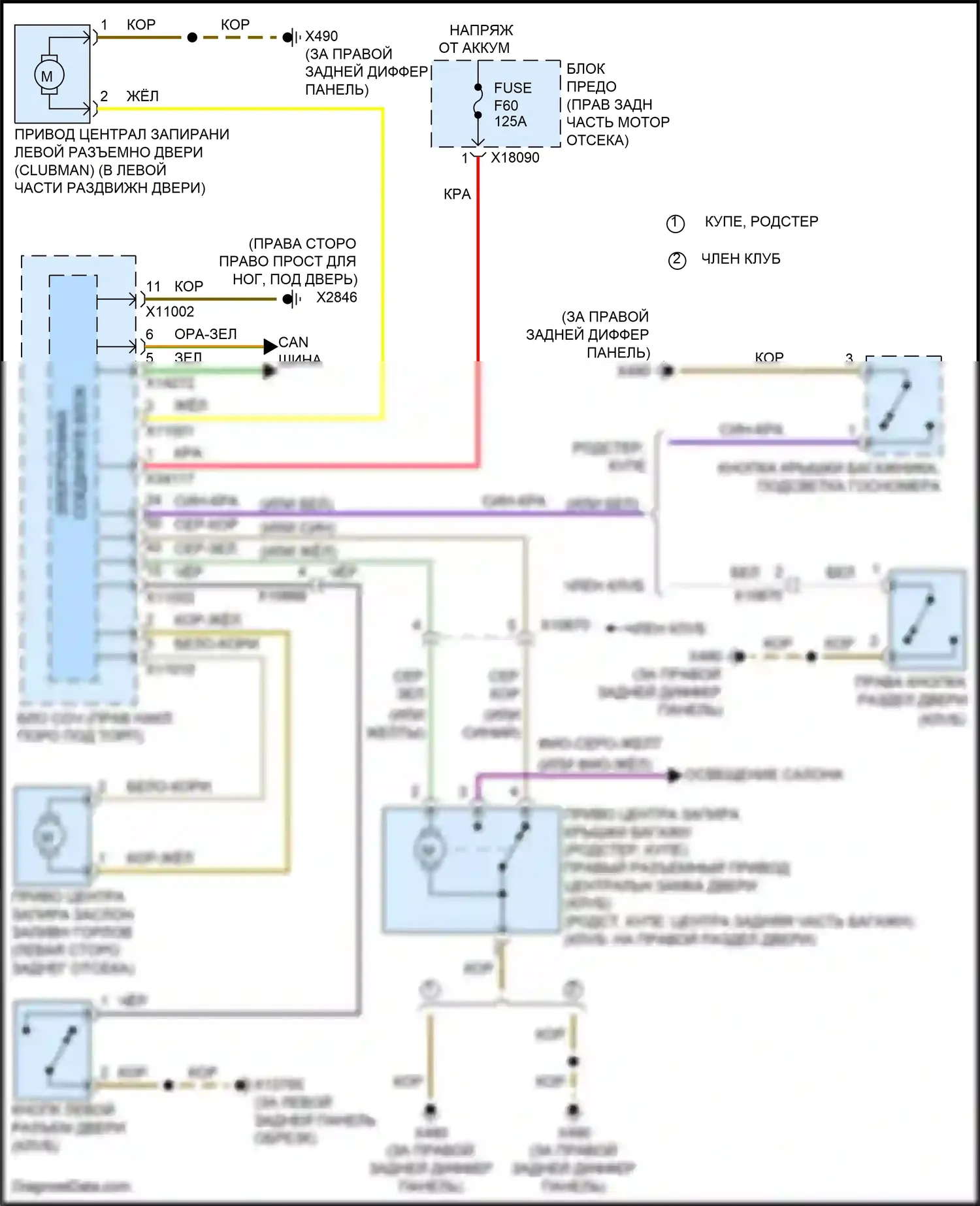 Cooper S MINI III (2013-2018): Электросхема открытия багажника и лючка топливного бака, купе 