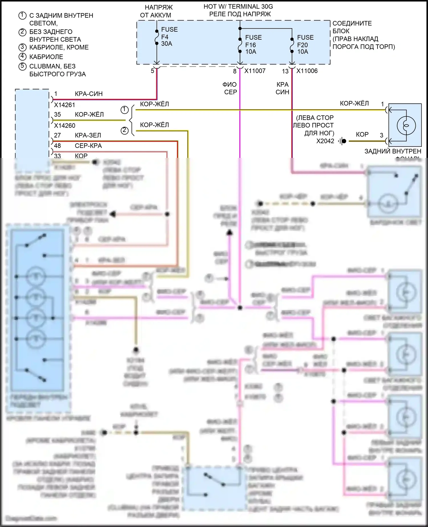 Cooper S MINI III (2013-2018): Электросхема освещения салона, кабриолет без пакета внутренних фонарей 