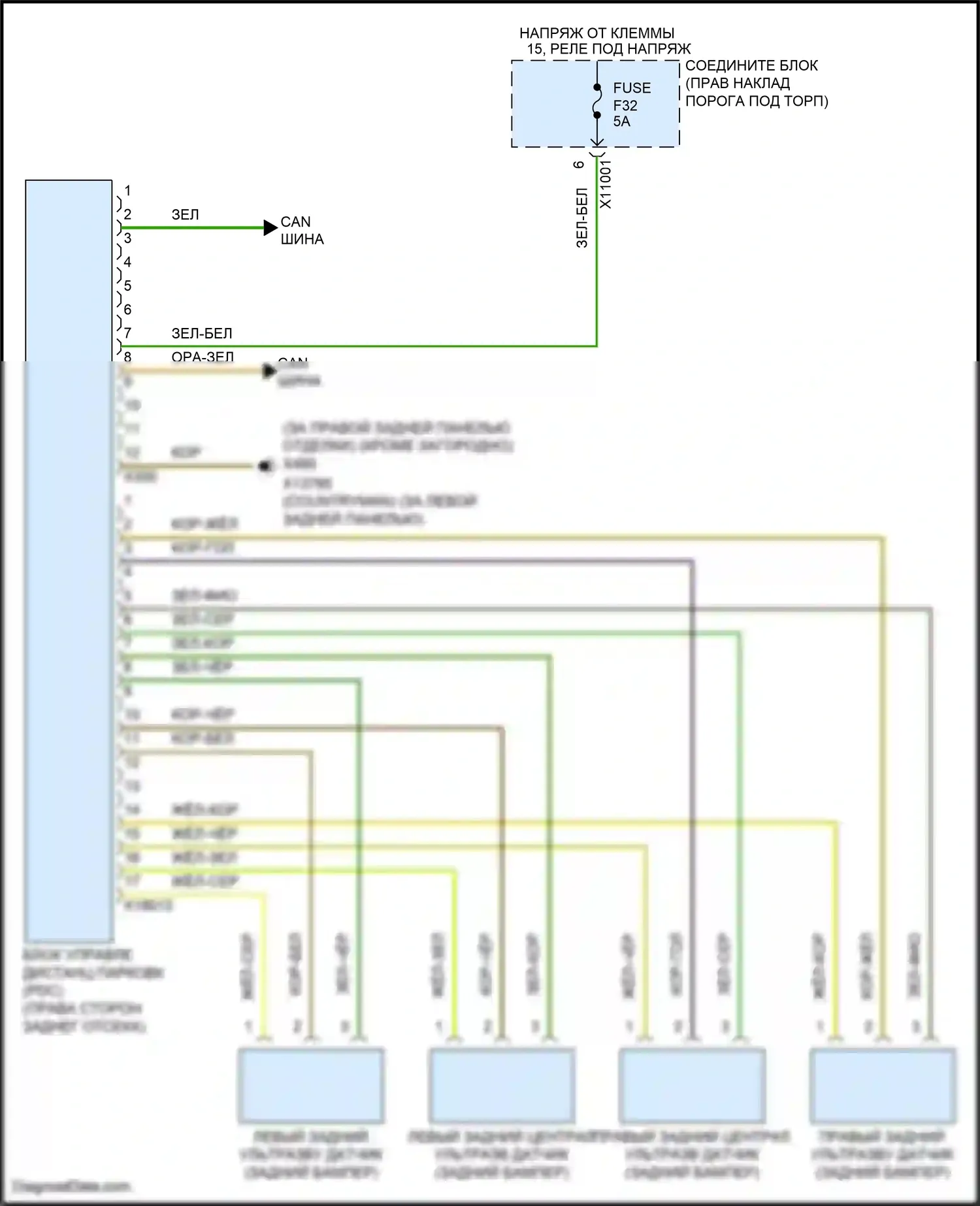Cooper MINI II рестайлинг (2010-2015): Электросхема парктроника 