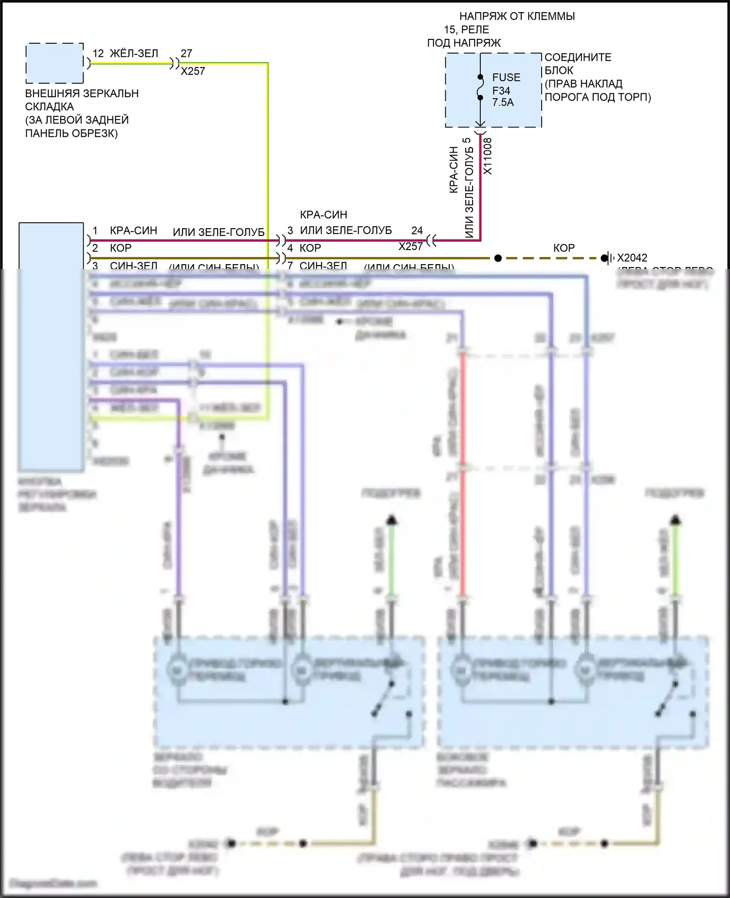 Cooper MINI II рестайлинг (2010-2015): Электросхема управления зеркалами заднего вида 