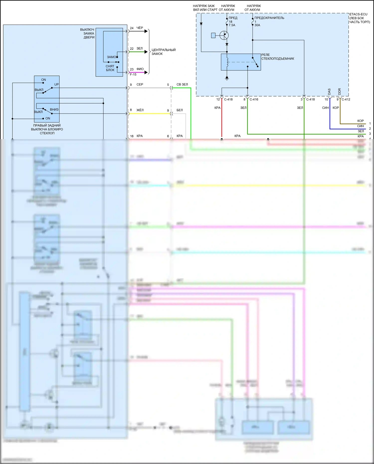 Eclipse Cross Mitsubishi I рестайлинг (2020-2024): Электросхема стеклоподъемников с открывающимся/закрывающимся стеклоподъемником на стороне водителя (1 из 2) 