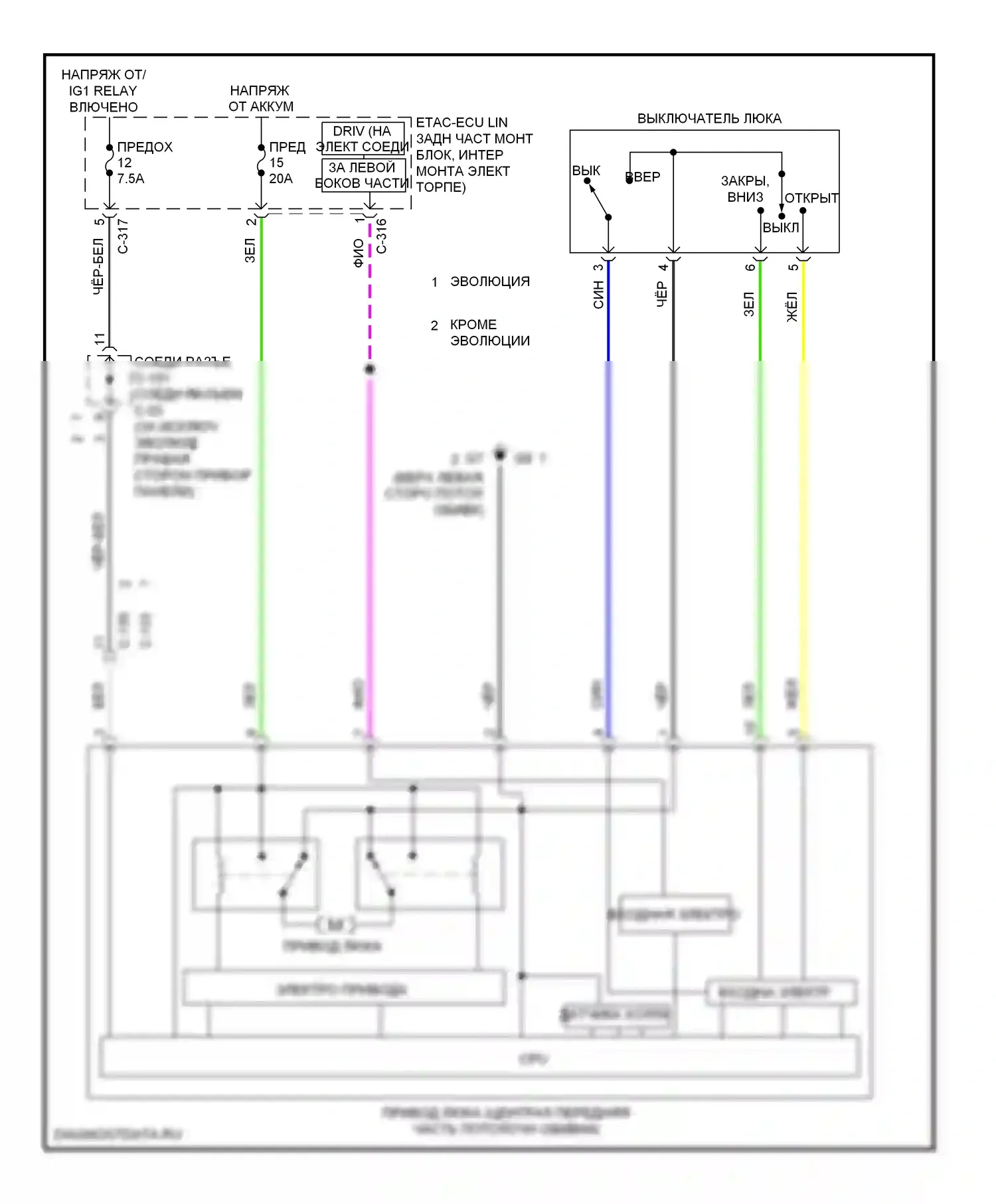 Lancer Mitsubishi X рестайлинг (2011-2015): Электросхема складной крыши/люка 