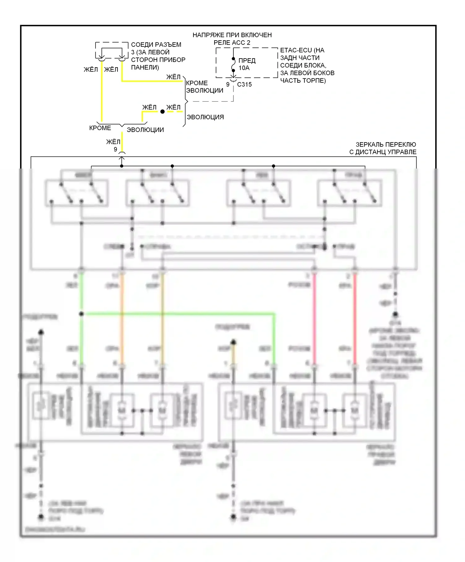 Lancer Mitsubishi X (2007-2010): Управление зеркалами заднего вида электросхема, за исключением эволюции 