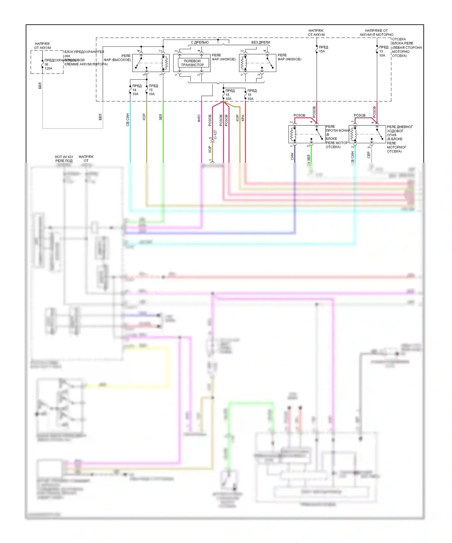 Outlander Mitsubishi III рестайлинг (2014-2015): Электросхема фар, без разряда высокой интенсивности (1 из 2) 
