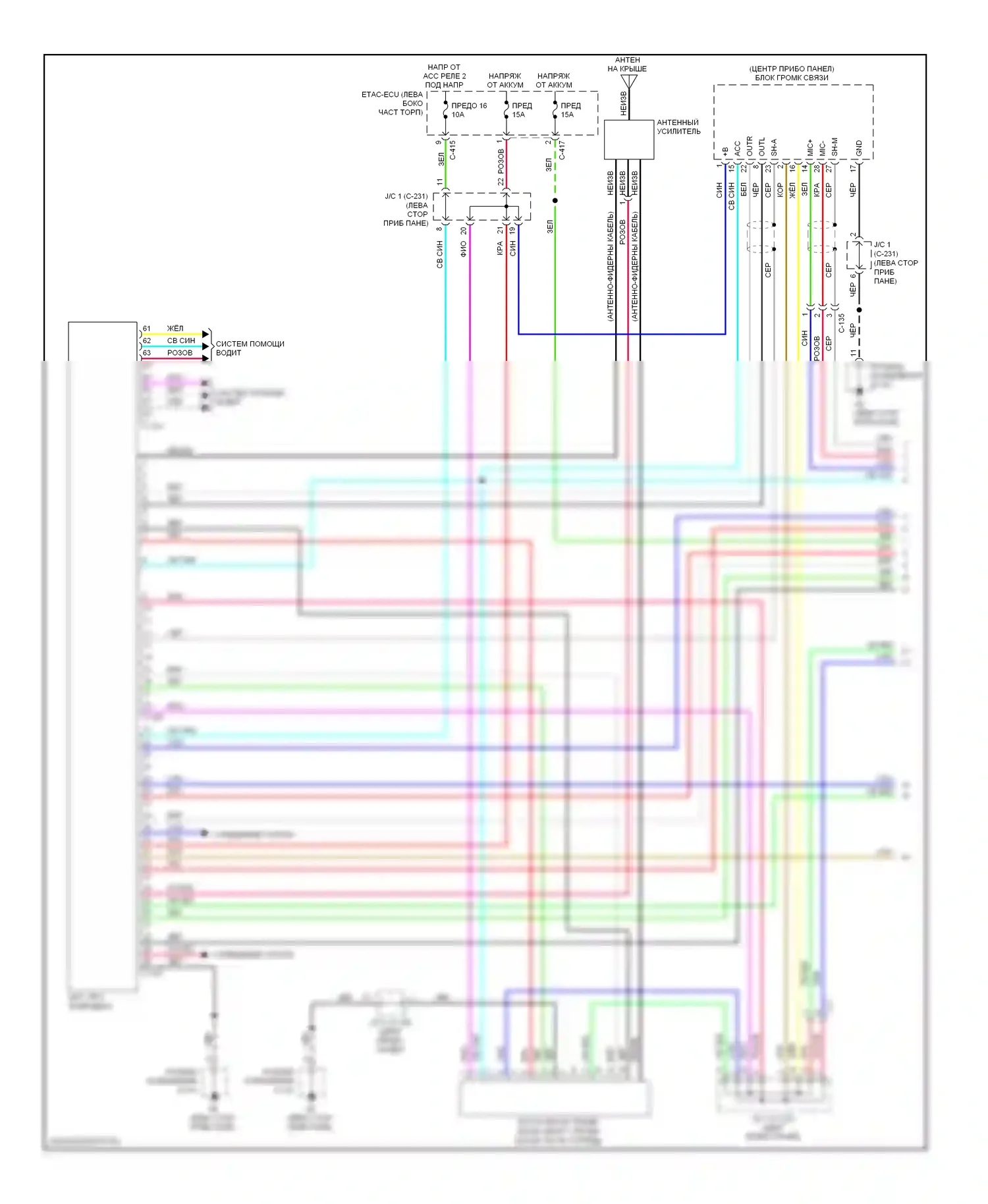 Outlander Mitsubishi III рестайлинг (2014-2015): Электросхема магнитолы, без системы мультисвязи, с усилителем (1 из 3) 