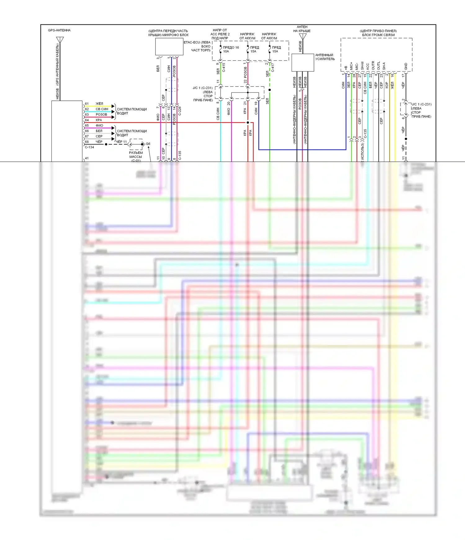 Outlander Mitsubishi III рестайлинг (2014-2015): Электросхема магнитолы, с мультисвязью, без усилителя (1 из 2) 