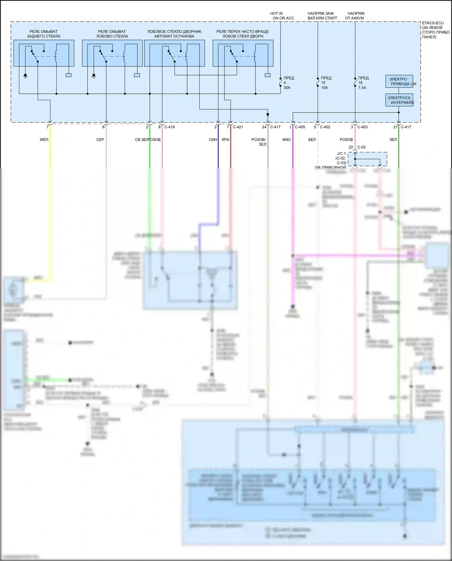 Outlander Mitsubishi III рестайлинг 2 (2015-2018): Электросхема передних дворников и омывателей 