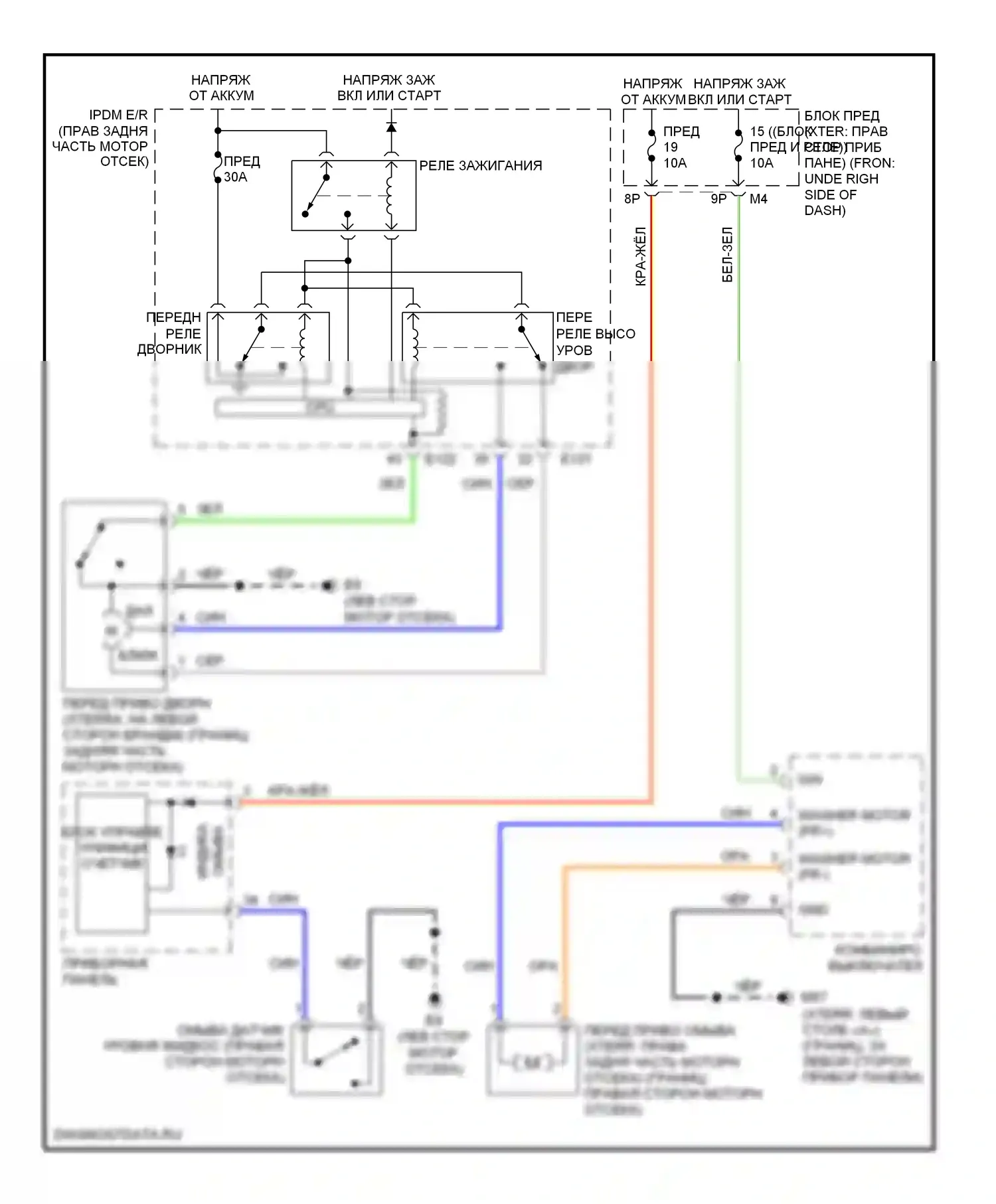 Frontier Nissan D22 (1998-2007): Электросхема передних дворников и омывателей 