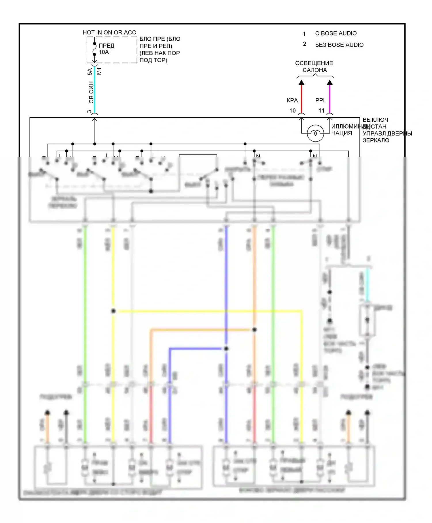 GT-R Nissan I рестайлинг (2010-2014): Электросхема управления зеркалами заднего вида 