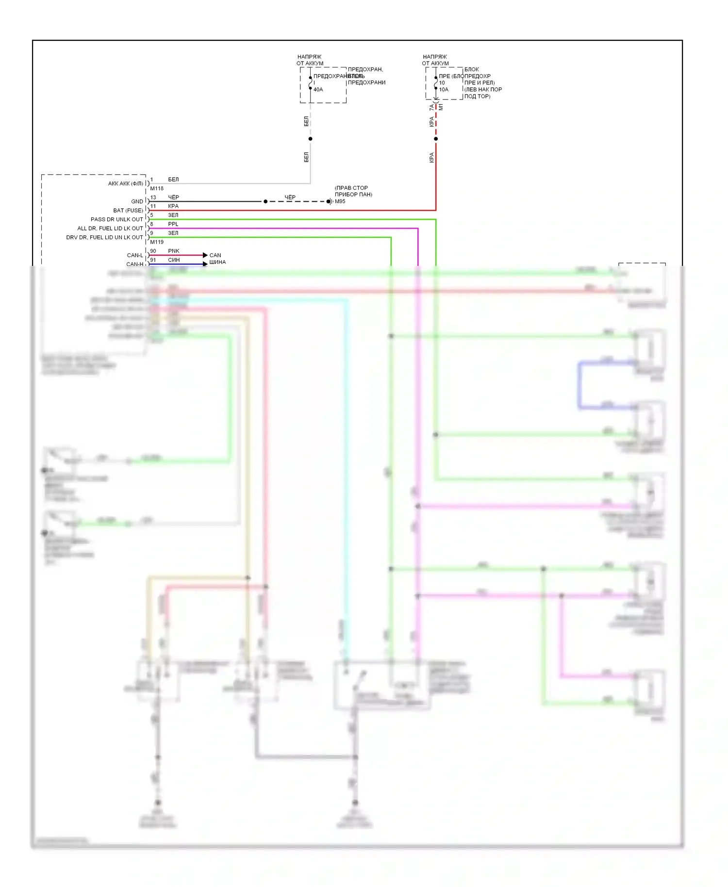 GT-R Nissan I (2007-2011): Электросхема центрального замка, без интеллектуального ключевого блока 