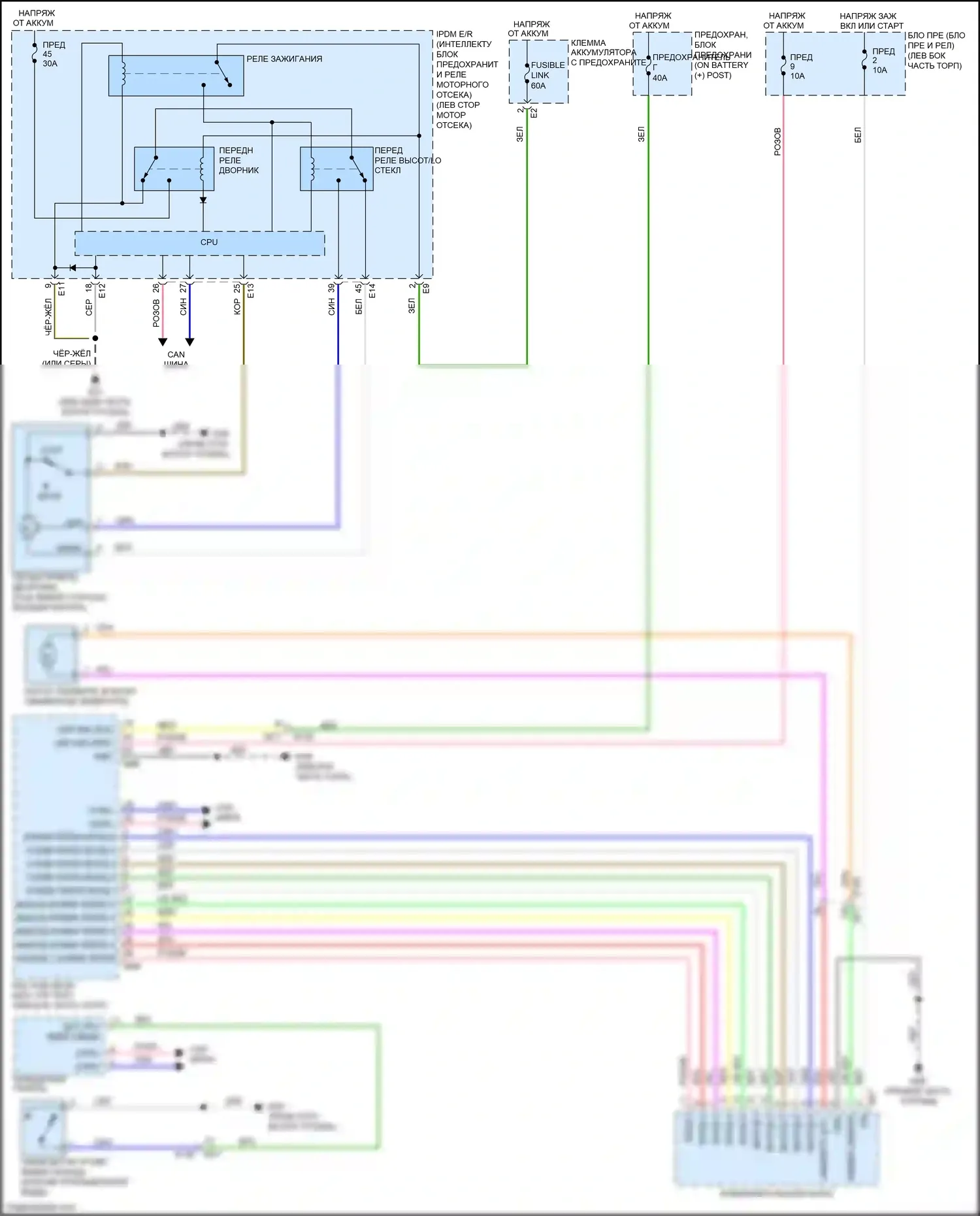 Juke Nissan I рестайлинг (2014-2019): Электросхема передних дворников и омывателей 