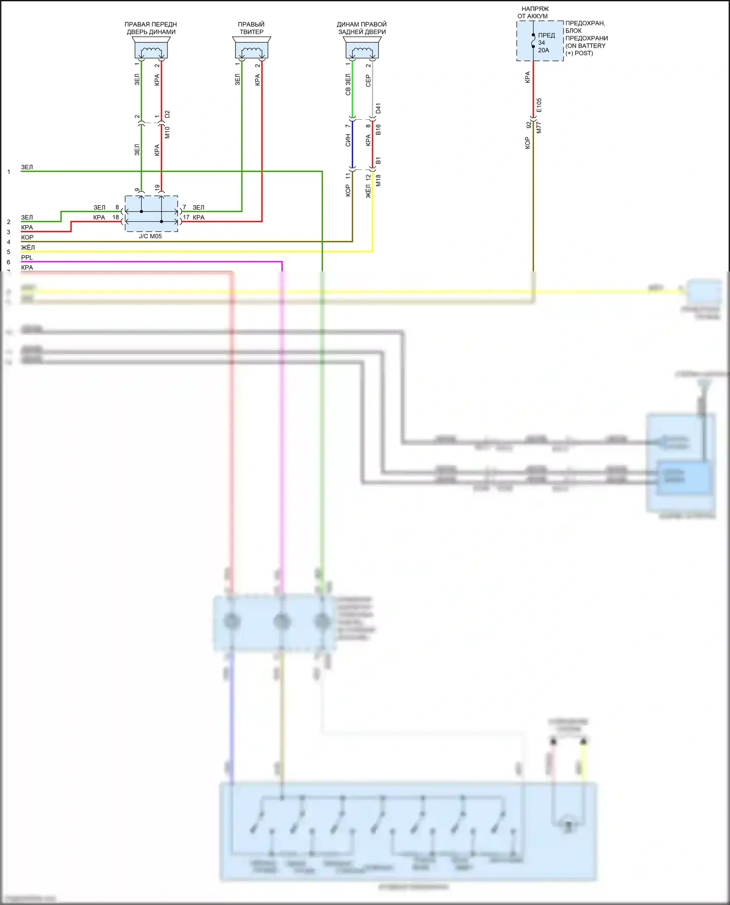 Juke Nissan I рестайлинг (2014-2019): Электросхема магнитолы, без навигации (2 из 2) 