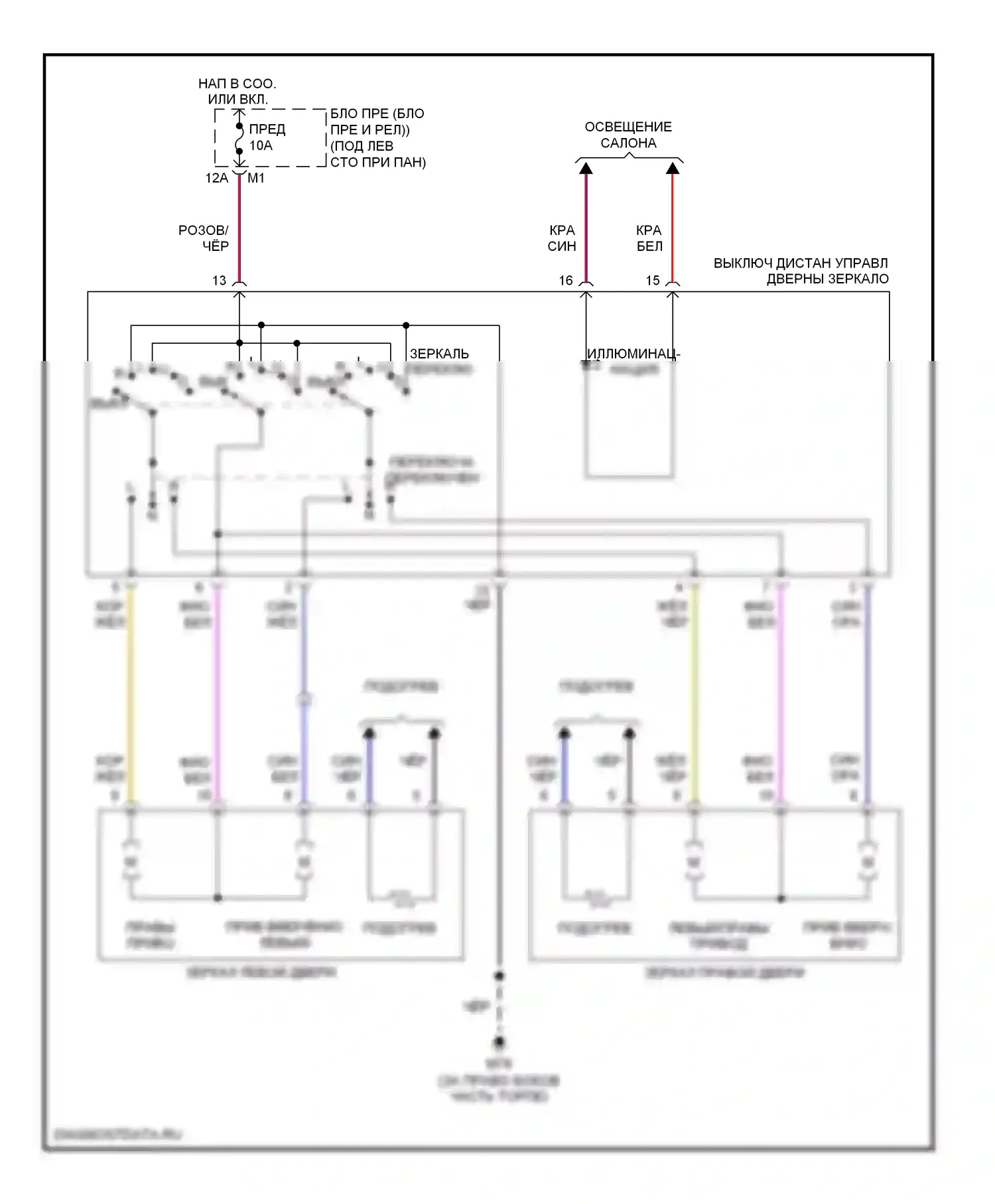 Murano Nissan Z50 (2002-2008): Электросхема управления зеркалами заднего вида 