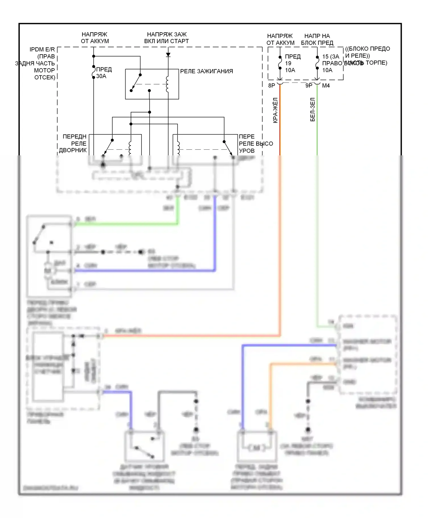 Pathfinder Nissan III (2004-2010): Электросхема передних дворников и омывателей 