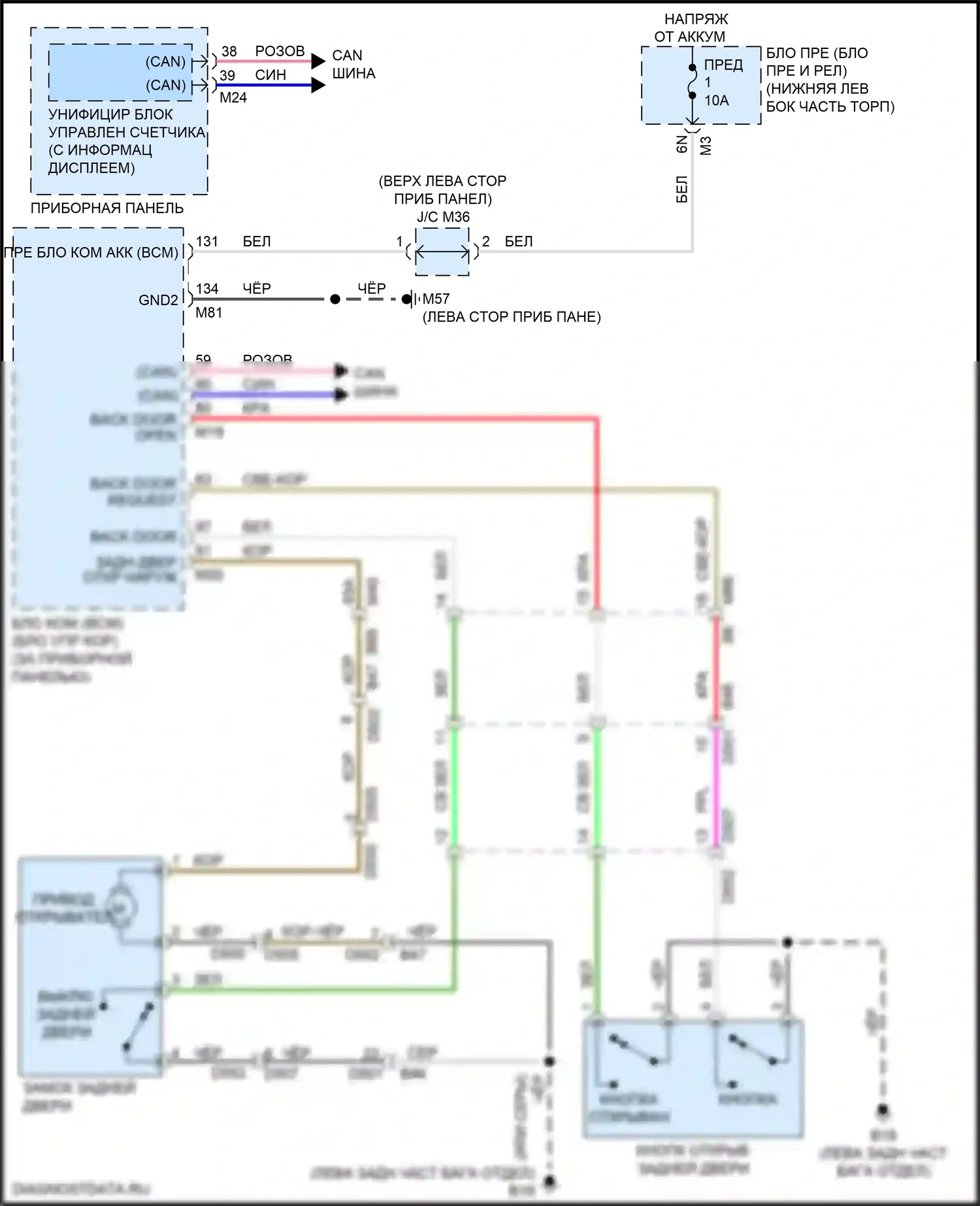 Pathfinder Nissan IV рестайлинг (2016-2020): Электросхема задней двери, без автоматической задней двери 