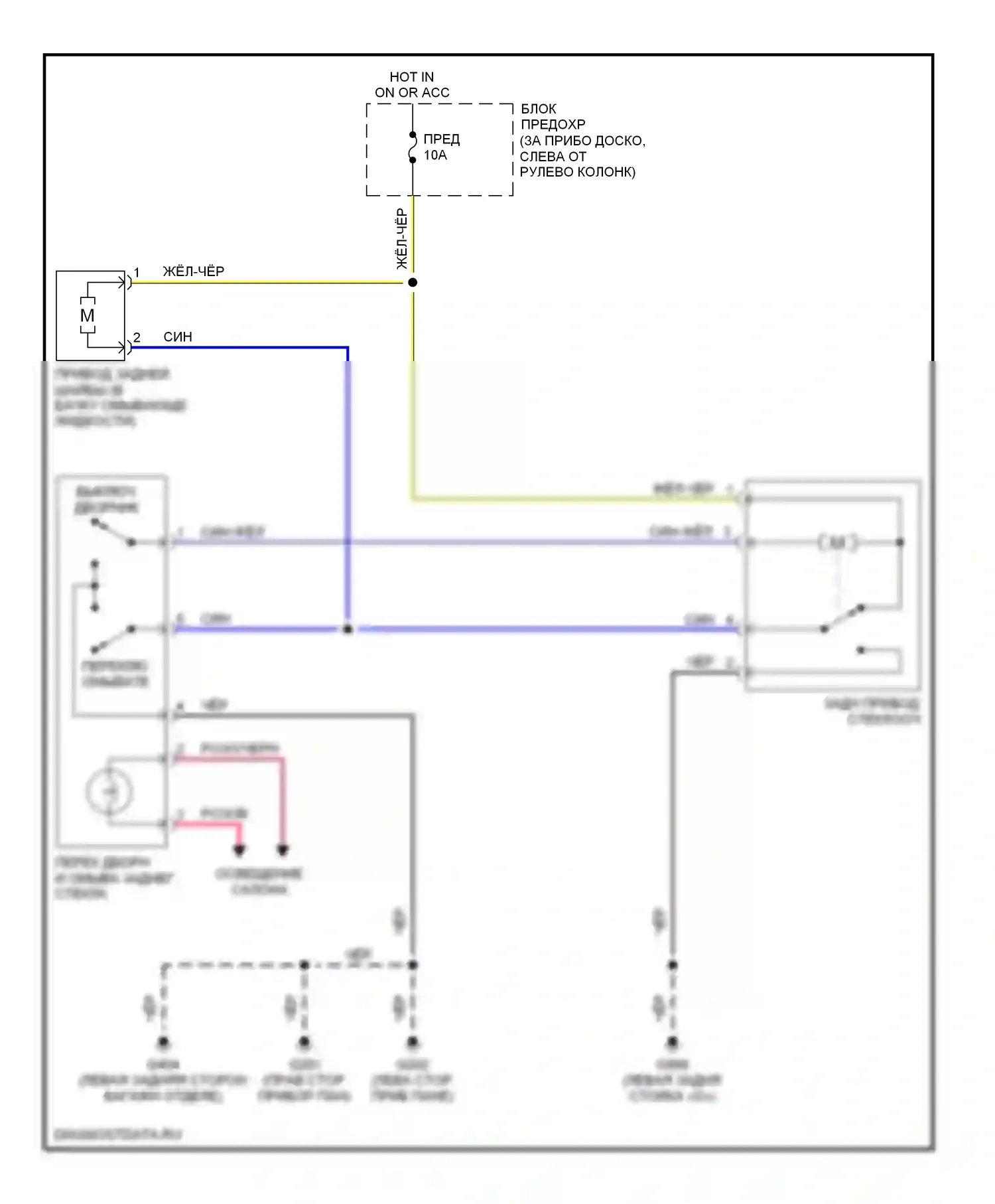 Quest Nissan II (1999-2002): Электросхема задних дворников и омывателей, без подвижного стекла двери багажника 