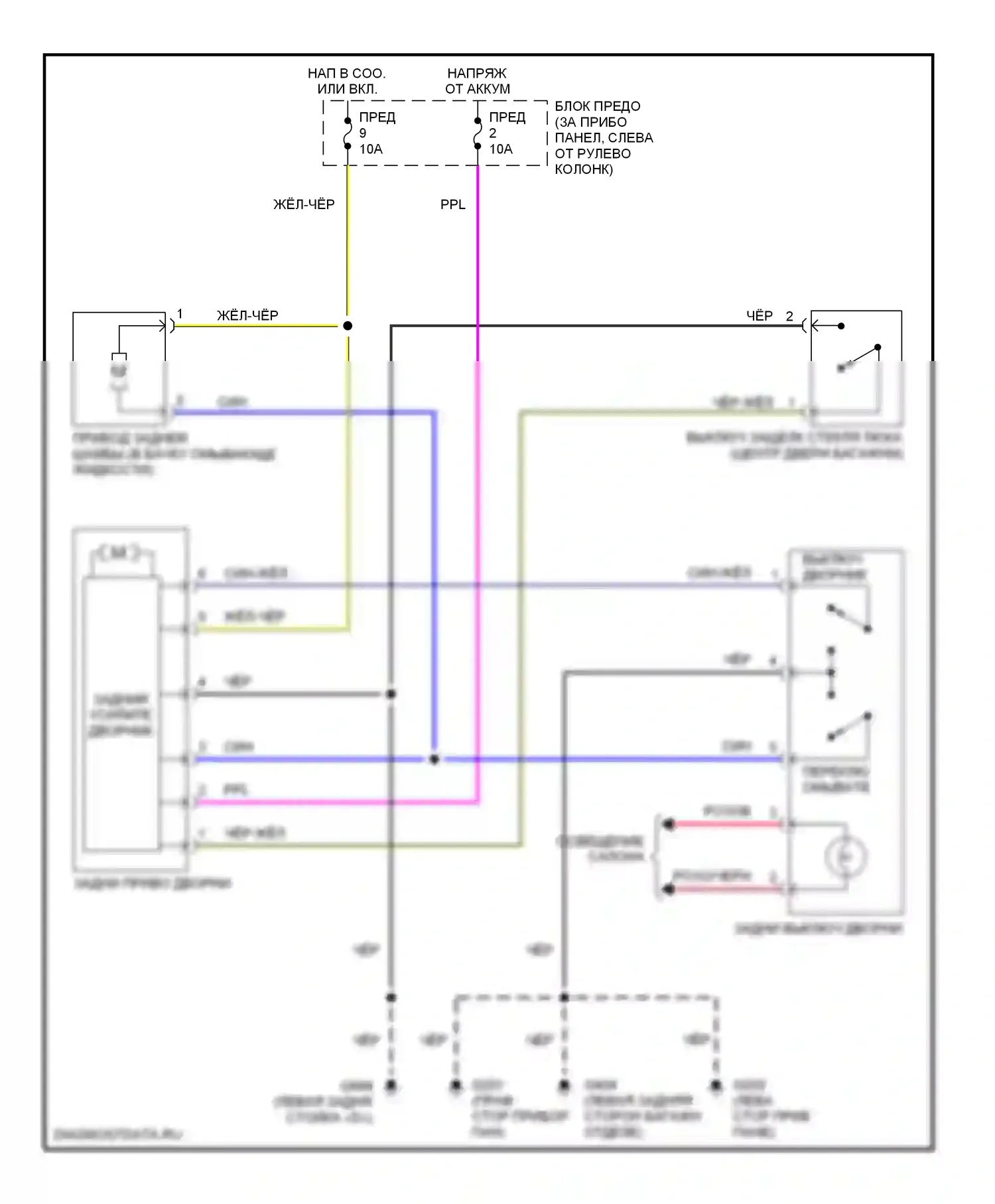 Quest Nissan II (1999-2002): Электросхема задних дворников и омывателей с подвижным стеклом двери багажника 