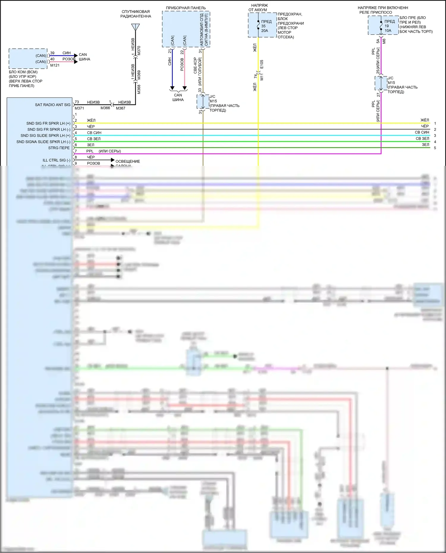 Quest Nissan IV (2010-2024): Электросхема радиосистемы, с отображением звука (1 из 2) 