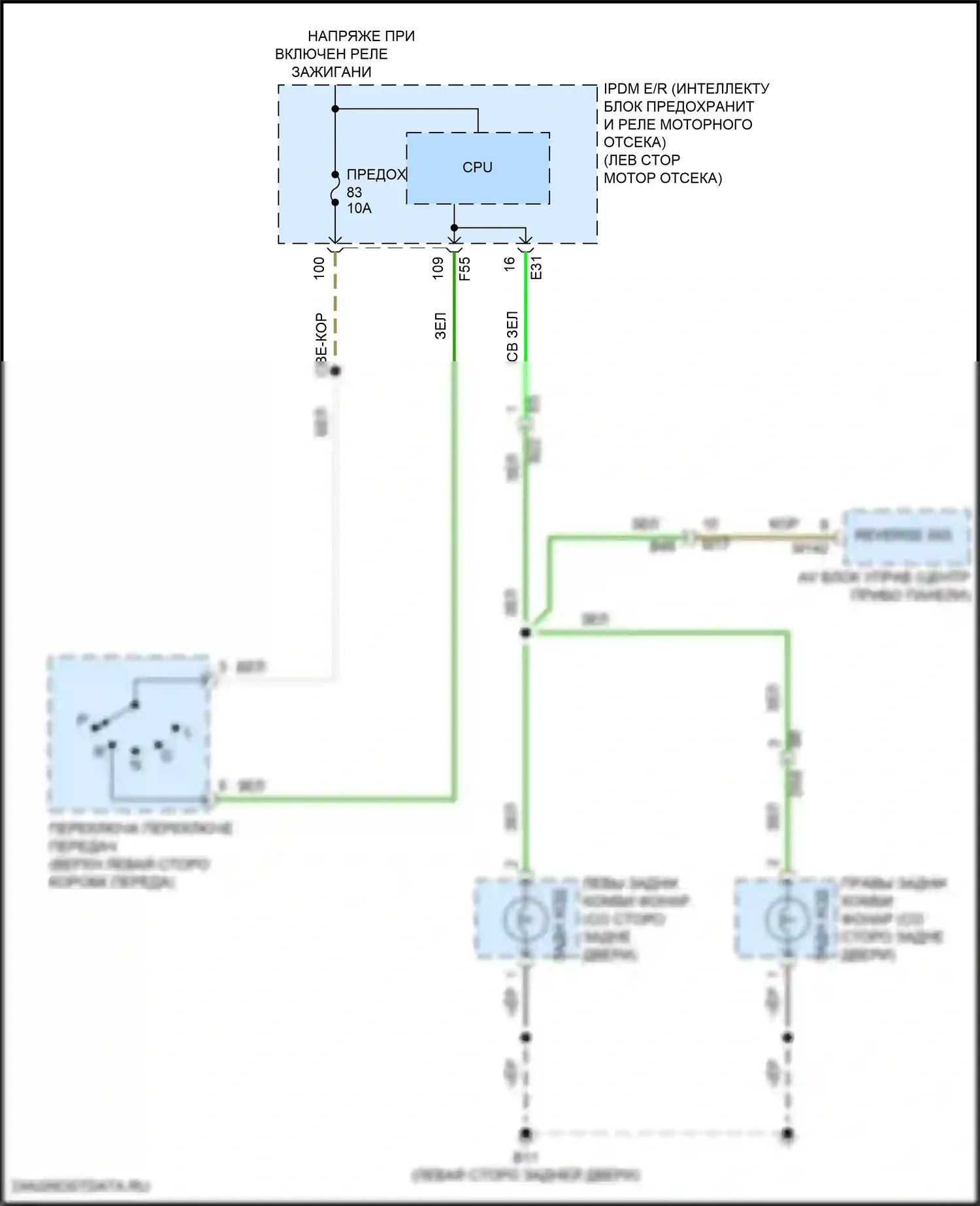 Rogue Sport Nissan I рестайлинг (2019-2024): Электросхема фонарей заднего хода 