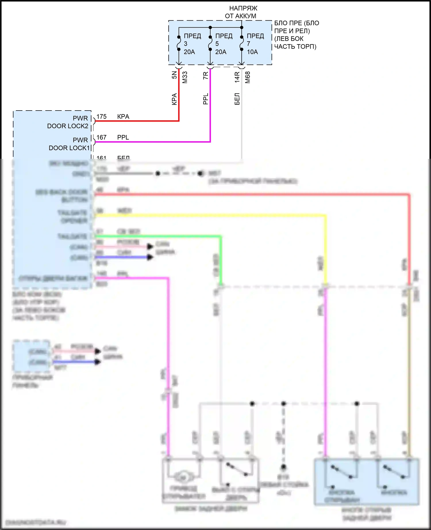 Rogue Nissan II рестайлинг (2016-2020): Электросхема электромеханического замка задней двери, без автоматической задней двери 