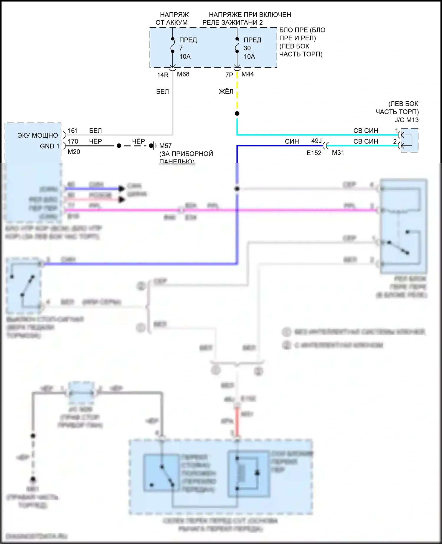 Rogue Nissan II рестайлинг (2016-2020): Электросхема блокировки селектора, кроме гибридной 