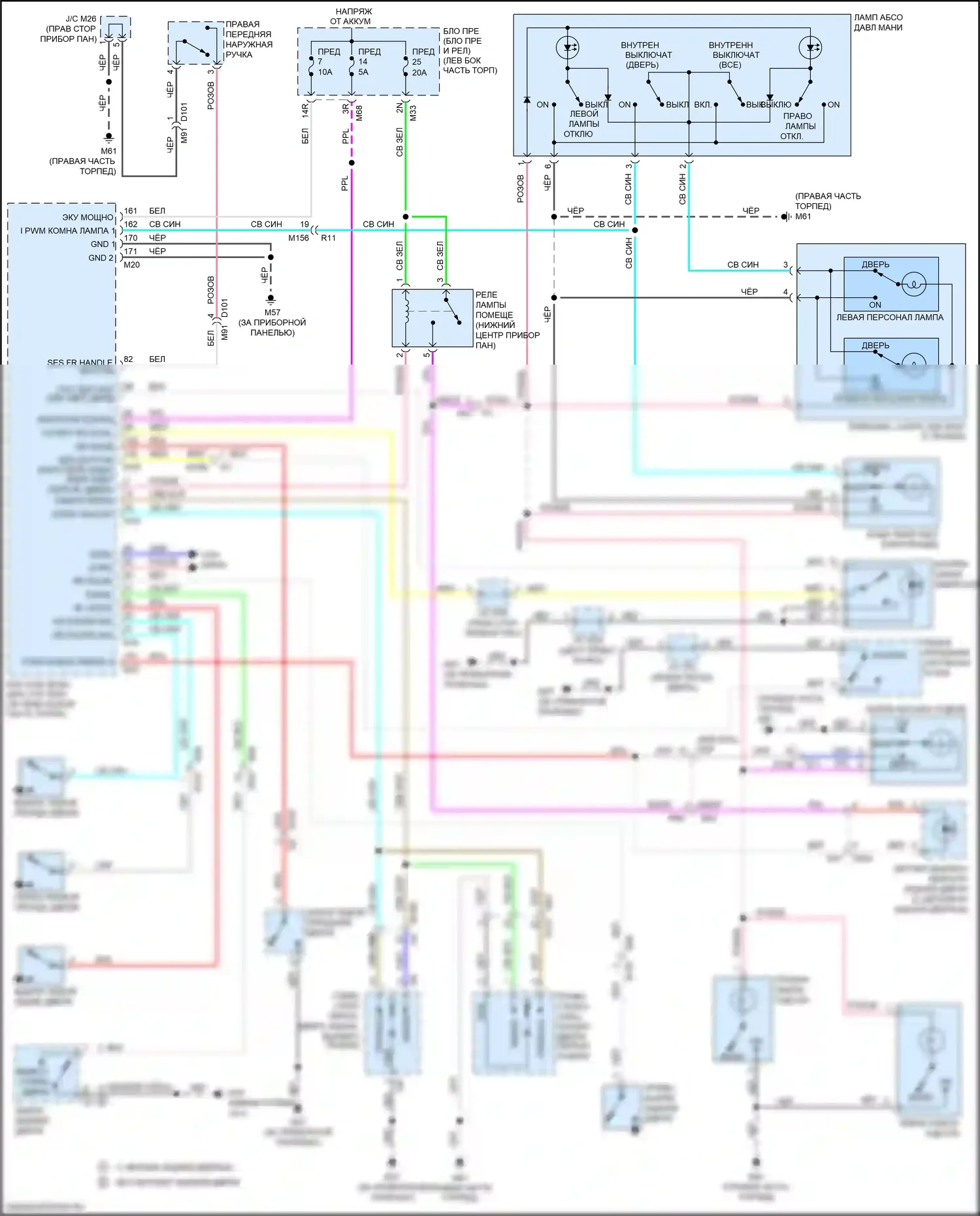 Rogue Nissan II рестайлинг (2016-2020): Электросхема освещения салона, с интеллектуальным ключевым блоком 