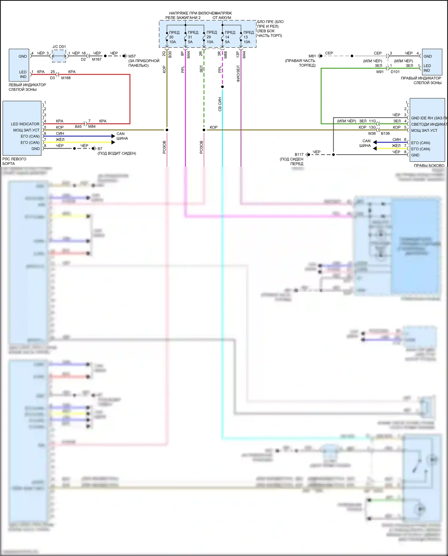 Rogue Nissan II рестайлинг (2016-2020): Электросхема мониторинга в слепой зоне, за исключением гибридной 